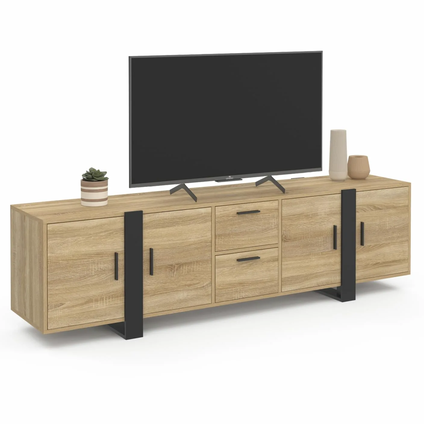 IDMarket - Meuble TV 180 cm Phoenix avec rangements Bois et Noir