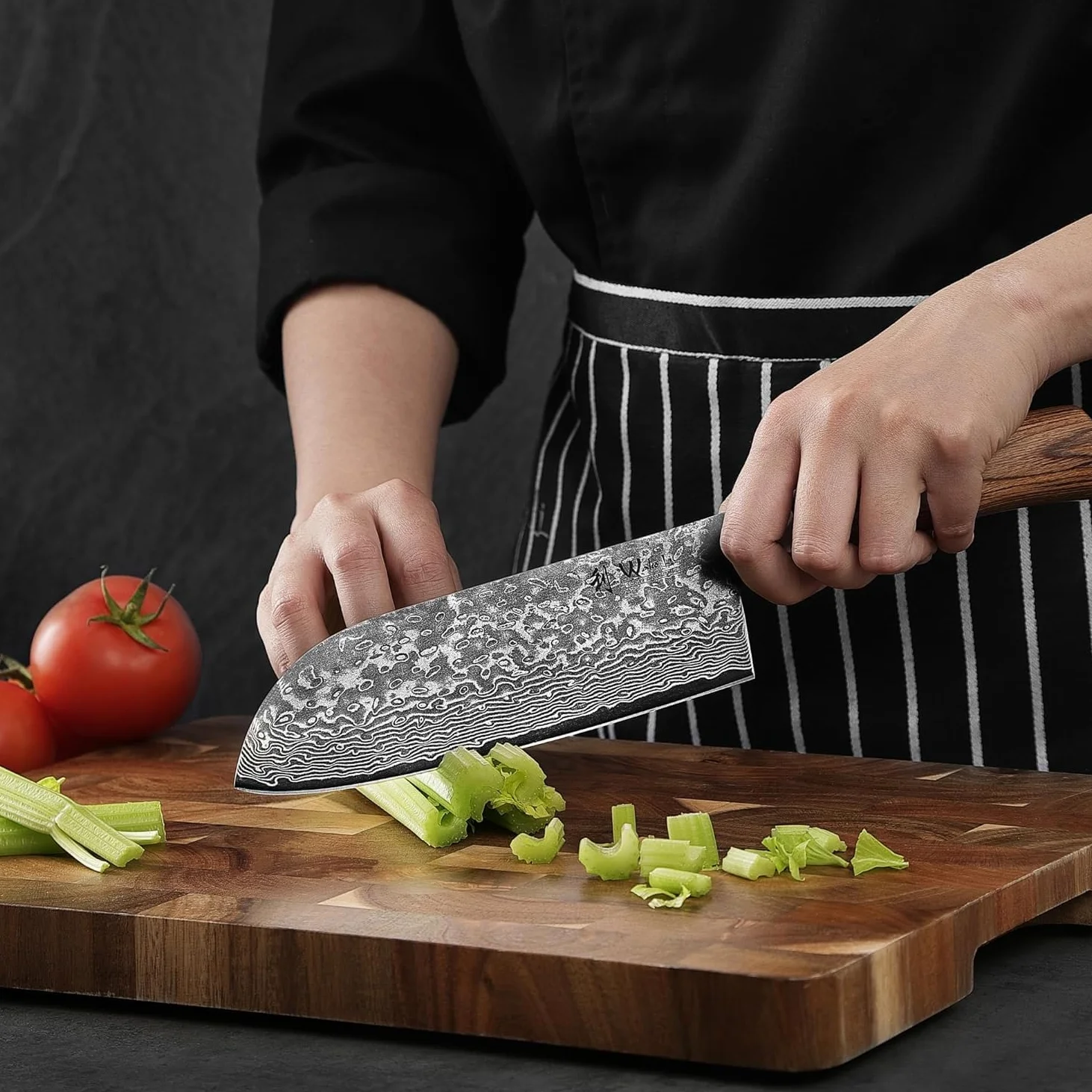 WAKOLI Edib Pro Couteau de cuisine chinois avec lame tranchante de 17,50cm en acier damassé fabriquée en 67 couches avec noyau VG10 I Couteau damas cuisine professionnel I Manche en bois de pakka