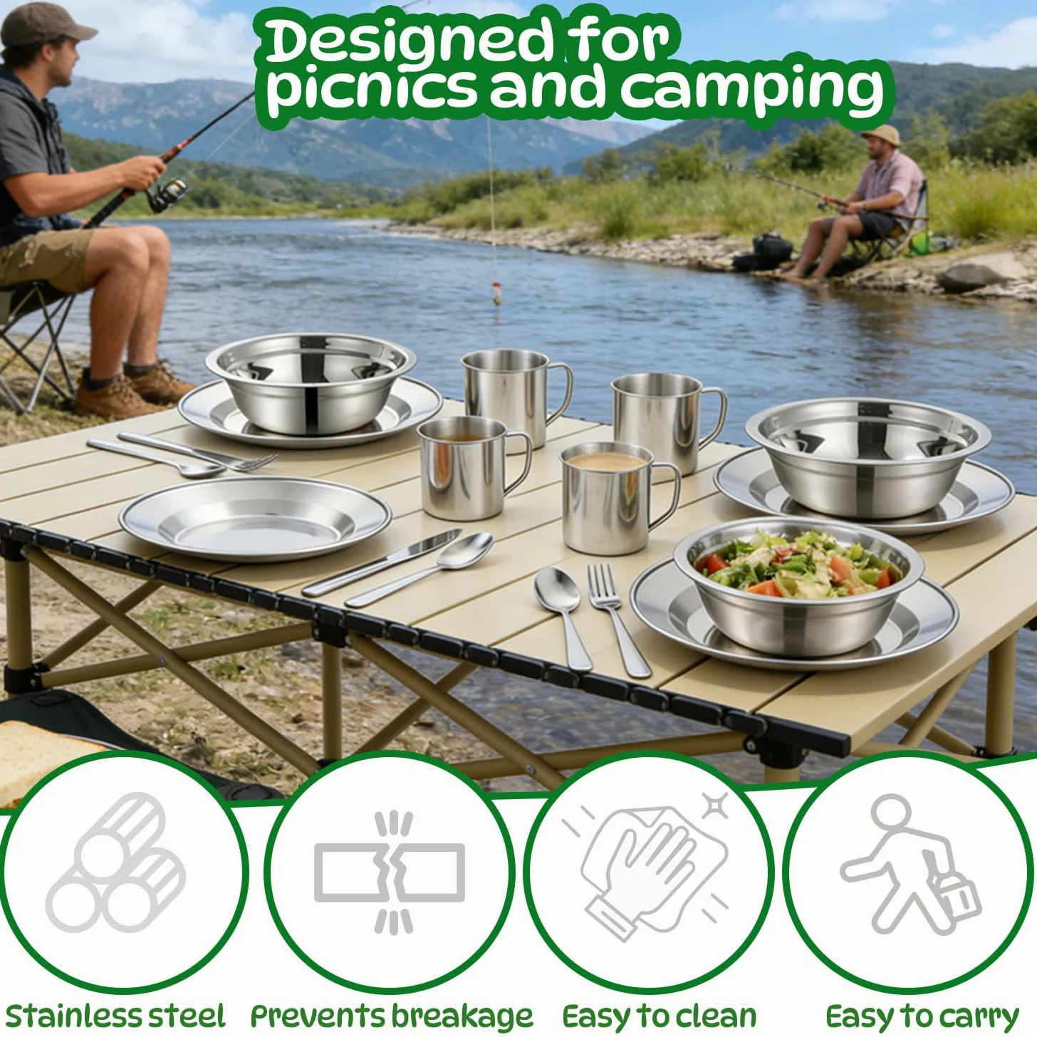 Couvert Camping pour 4 Personnes,29 pièces Couverts Camping Acier Inoxydable Assiette Tasse Couteau Fourchette Cuillère Sac Rangement,pour Famille et Amis Randonnée Pique-Nique Voyage
