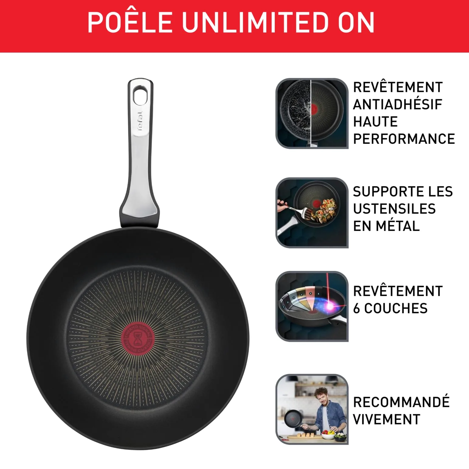 Tefal Unlimited On Poêle 24 cm, Induction, Revêtement antiadhésif résistant, Fonction Thermo-Signal, Fabriqué en France G25904AZ