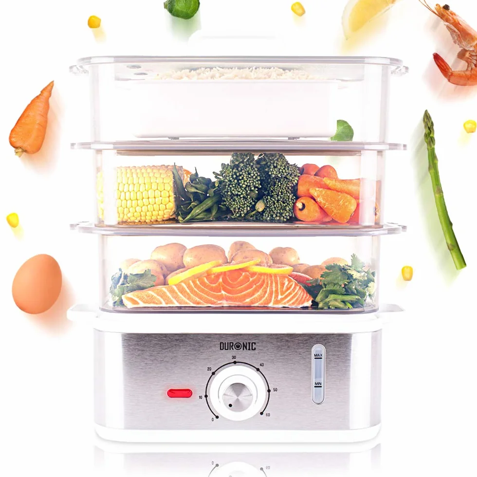 Duronic FS87 Cuiseur vapeur électrique 870W à 3 niveaux | Capacité 10,6 litre | Minuteur | sans bisphénol | Idéal pour cuire viandes poissons légumes pommes de terre couscous sans matière grasse