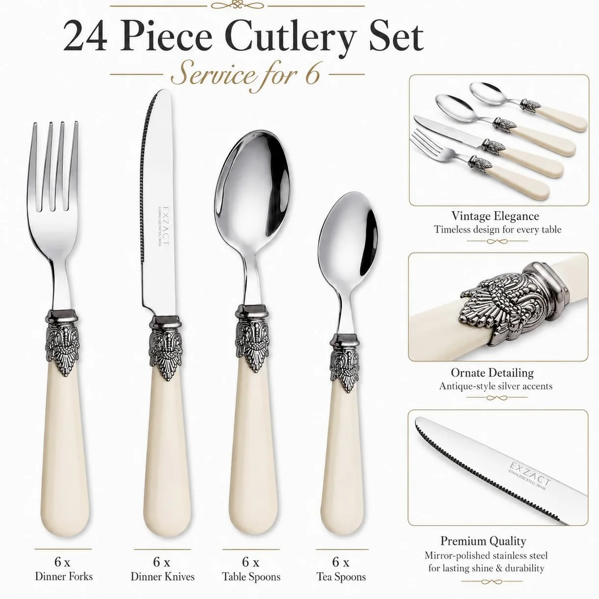 EXZACT Ensemble de couverts crème ivoire 24 PCS, acier inoxydable avec poignée détaillée, traditionnel, élégant, Vintage Style/Antique (WF28-24CRM)
