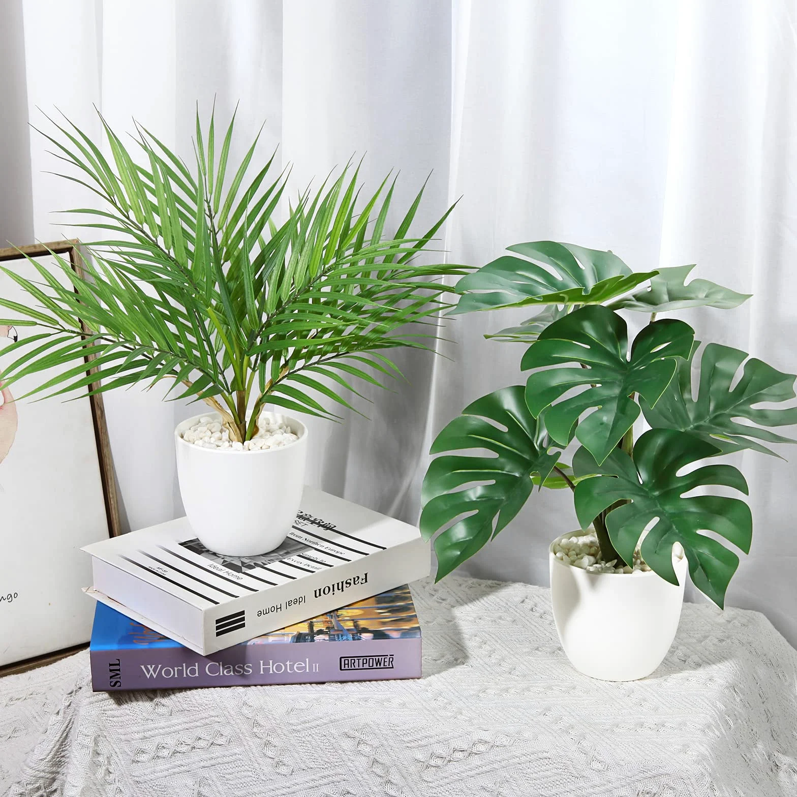 SOGUYI Plante Artificielle 40cm Sansevieria/Areca Palm/Bird of Paradise/Tropical Monstera Fausse Plante pour la Maison, Bureau et Décoration Interieur Exterieur(4 Stück)