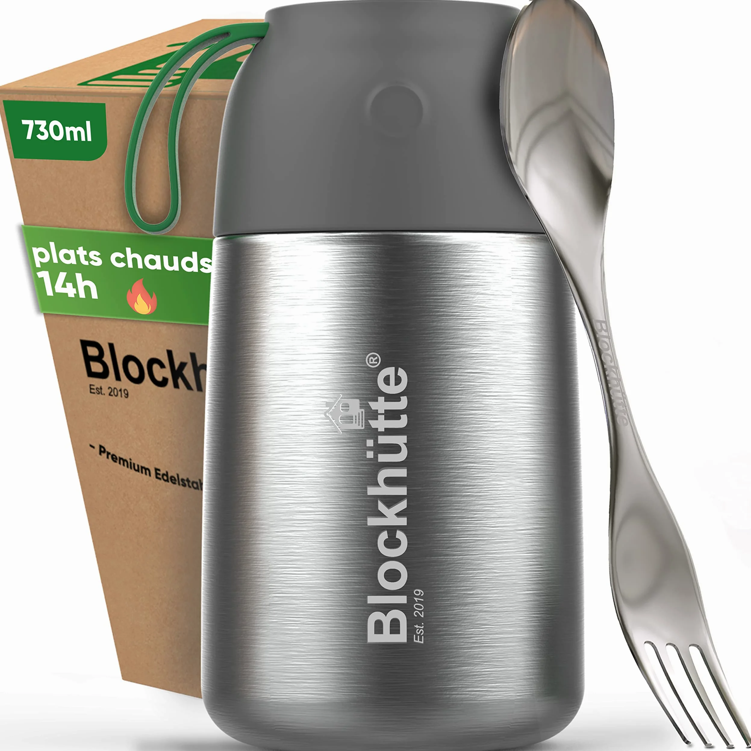 Blockhütte Thermos isotherme 730ml En inox Avec Cuillère et Fourchette - Thermos Alimentaire Chaud idéal Pour Le Travail - Boite Alimentaire isotherme Avec Sac de Transport - Lave-Vaisselle