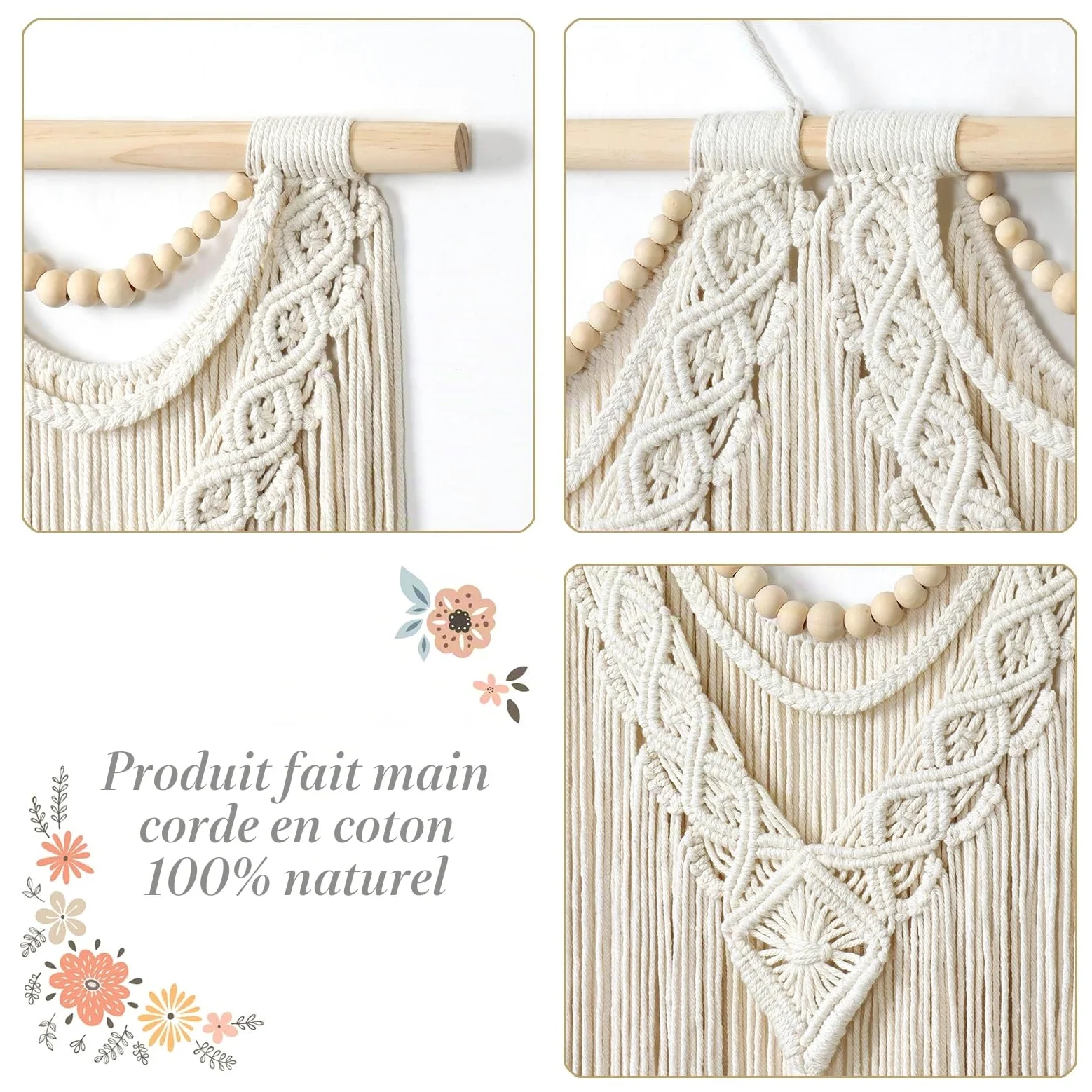 Dremisland Macramé Tenture Murale Grande Boho Chic Tissé Tapisserie Feuille Gland Art Coton Corde Bohème Macramé Décoration Murale pour Chambre Salon Appartement Toile de Fond (Perles en bois)