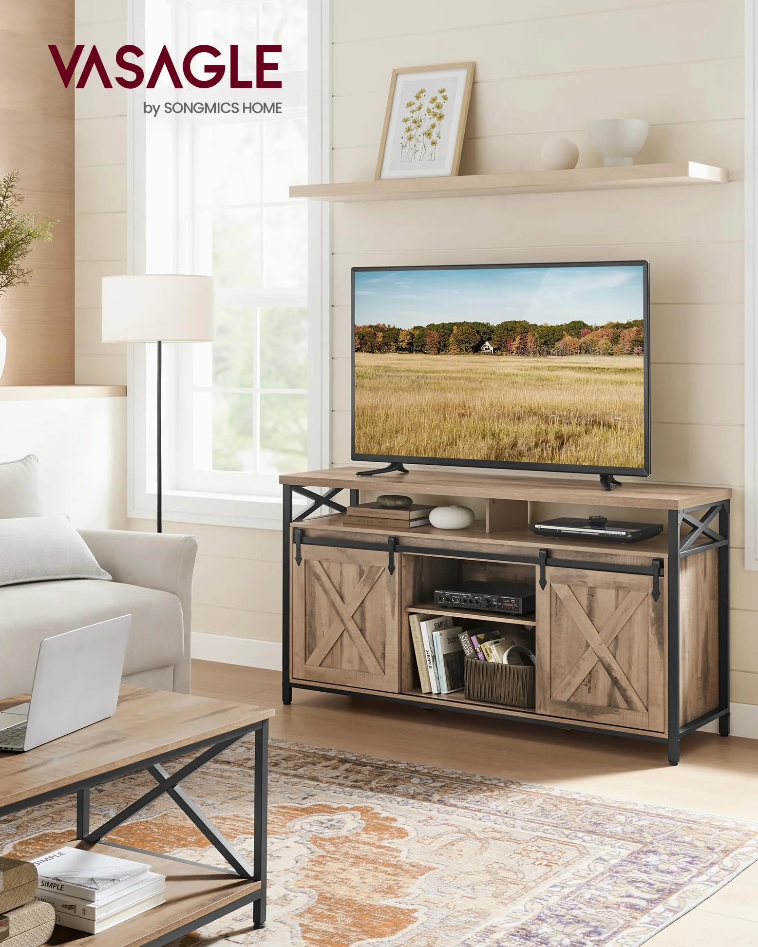 VASAGLE Meuble TV, Support pour Téléviseur Jusqu’à 65 Pouces, avec Étagères Réglables, Portes Imitation Grange, Style Rustique, Cadre en Métal, Marron Camel et Noir Simple LTV071B50V1