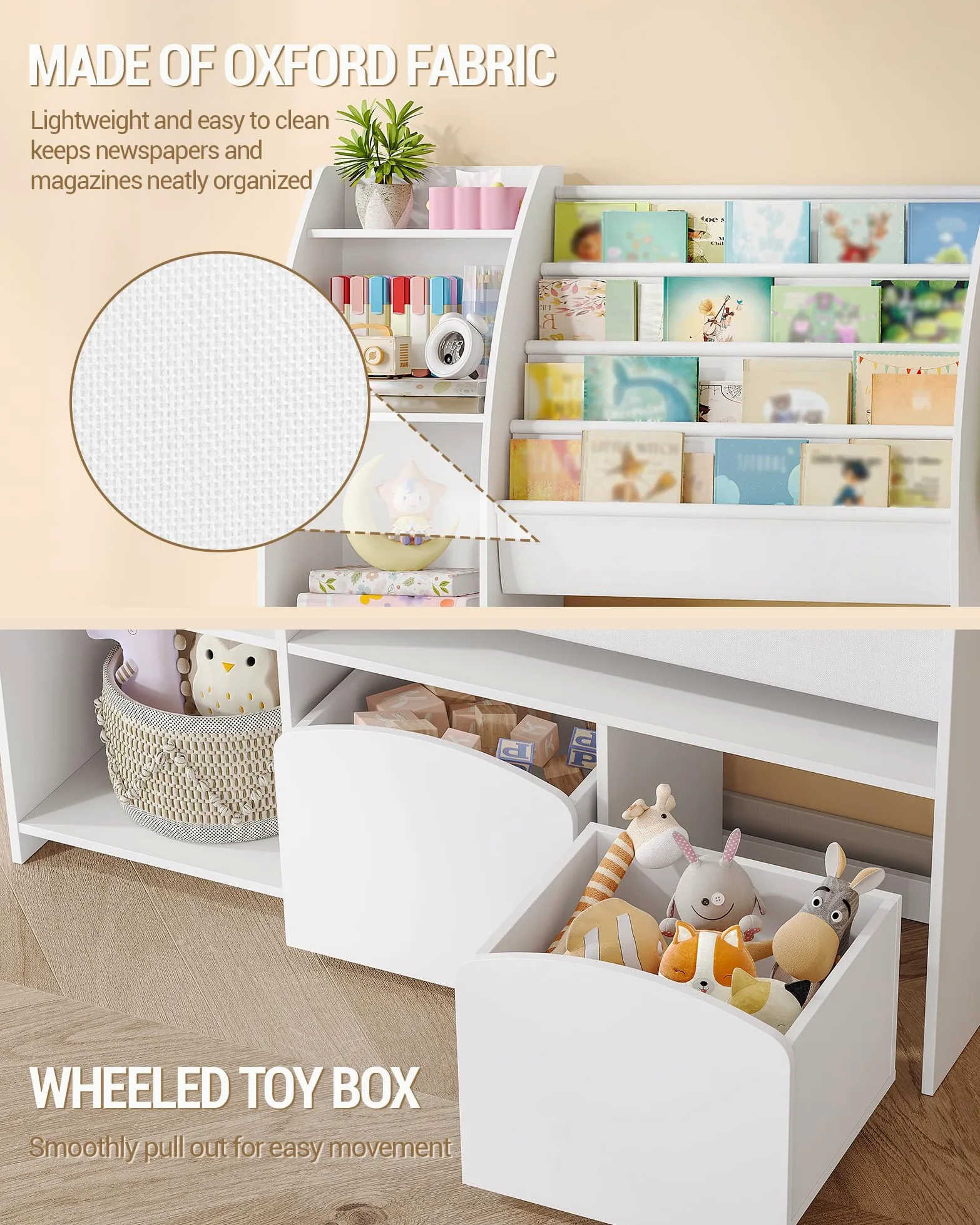Hzuaneri Bibliothèque Enfant avec Porte-journaux, Meuble Rangement Enfant, Étagère à Jouets avec 2 colonnes, 4 étagères, 30 x 105 x 100 cm, Blanc KB12003W
