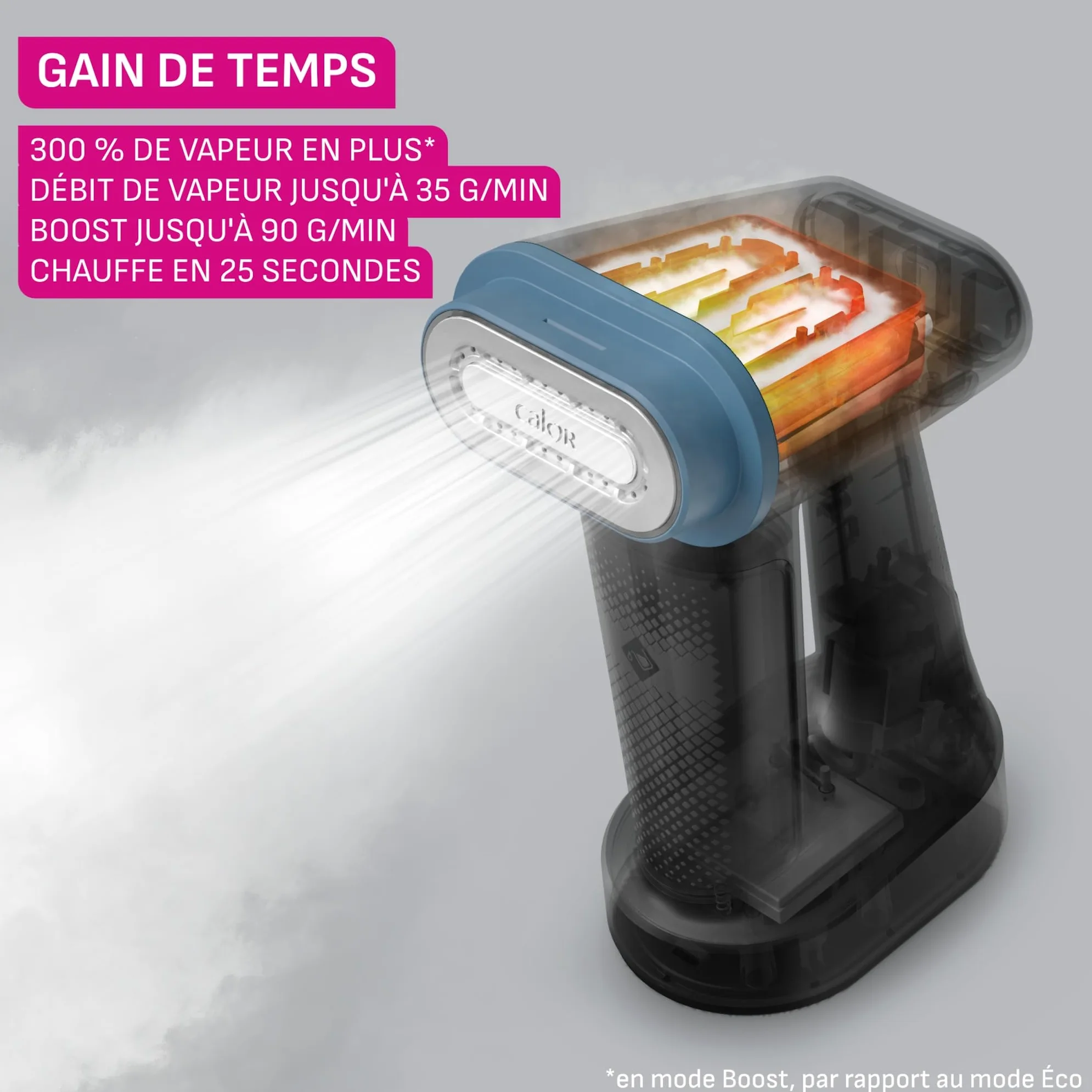 Calor Pure Force 3en1, Défroisseur à main et fer à repasser, Utilisation verticale/horizontale, Nettoie, 1800W, 35g/min, Prêt en 25s, DT8755C0, Bleu Métallisé