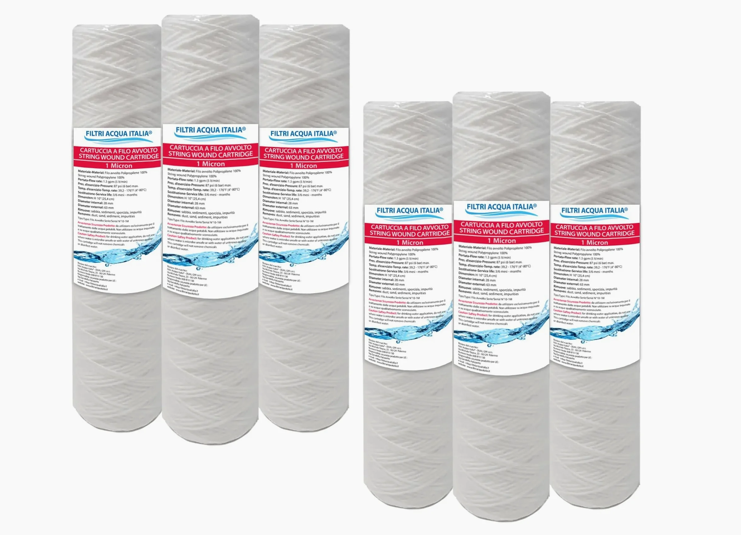 Filtri Acqua Italia Lot de 6 cartouches de filtre à fil enroulé 10 pouces micron, 1 polypropylène sédiments