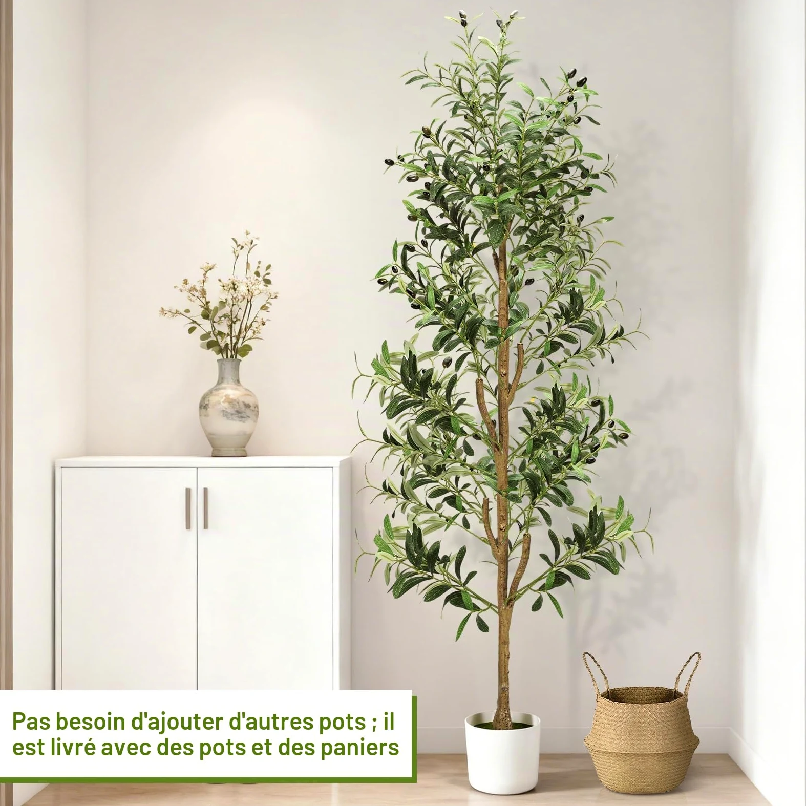 NZQXJXZ Olivier Artificiel 180 cm avec Lumières pour Maison Bureau | Plantes Artificielles Intérieur avec Pot & Panier, Fausse Plante Intérieur avec Tronc Naturel et Fruits Réalistes