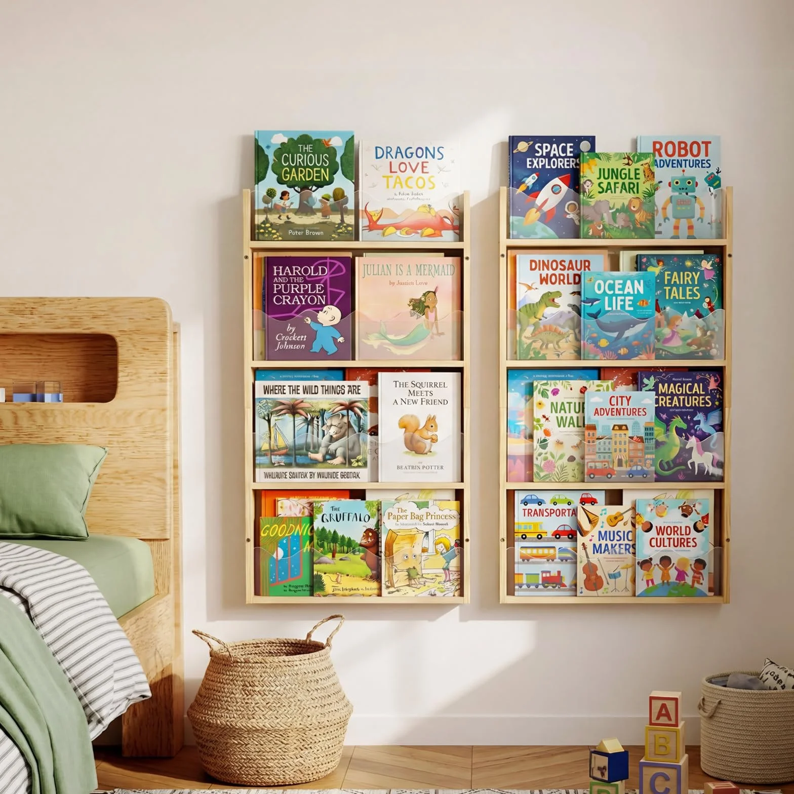 Étagère Murale 4 Niveaux Chambre d'enfant Bois & Acrylique - Étagère à Livres Flottante Chambre Bébé, Étagère Montessori Murale, Rangement Livres Enfant, Organisateur de Jouets & Livres