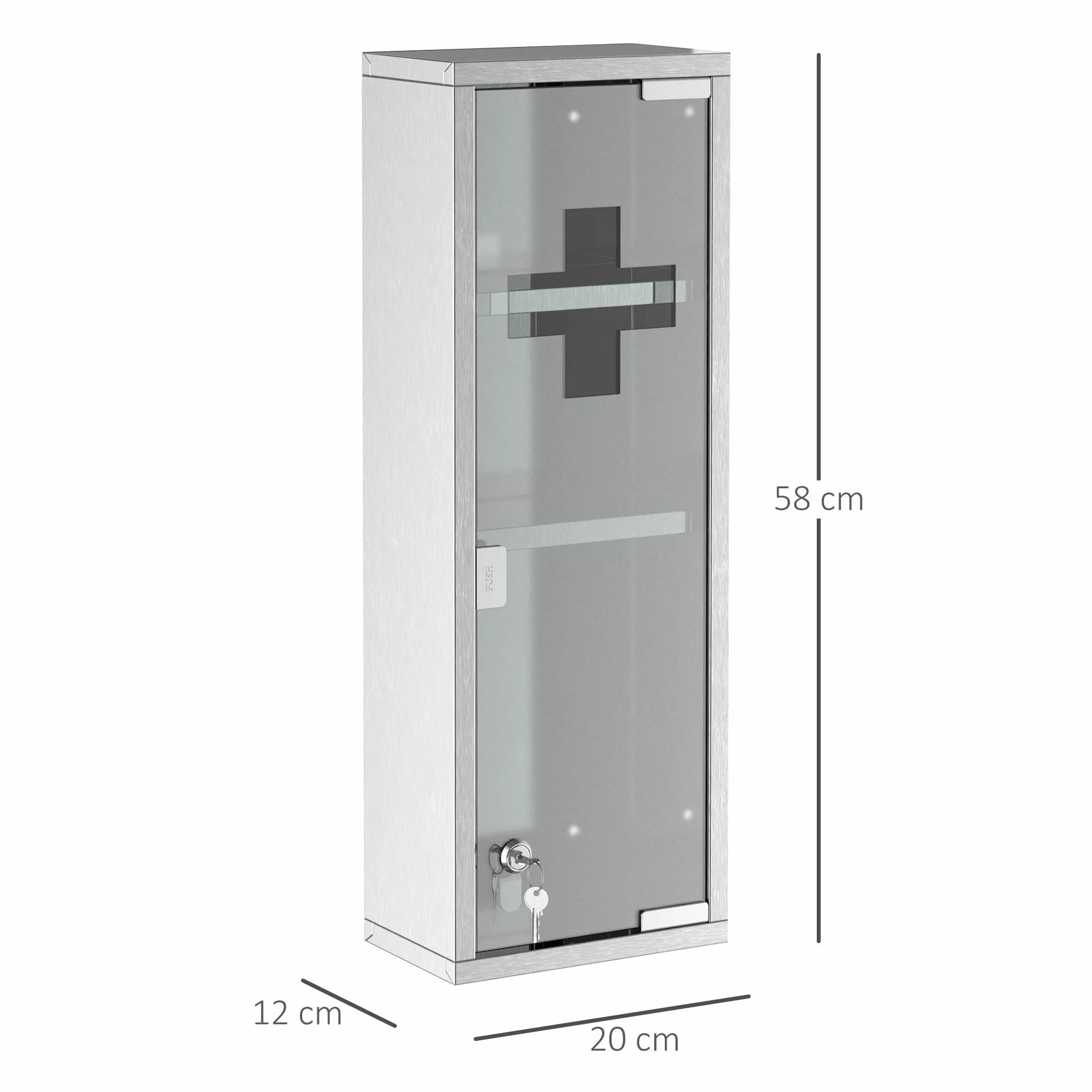 kleankin Armoire à Pharmacie 2 étagères 3 Niveaux 20L x 12l x 58H cm Porte Verre trempé Symbole Croix Acier INOX.