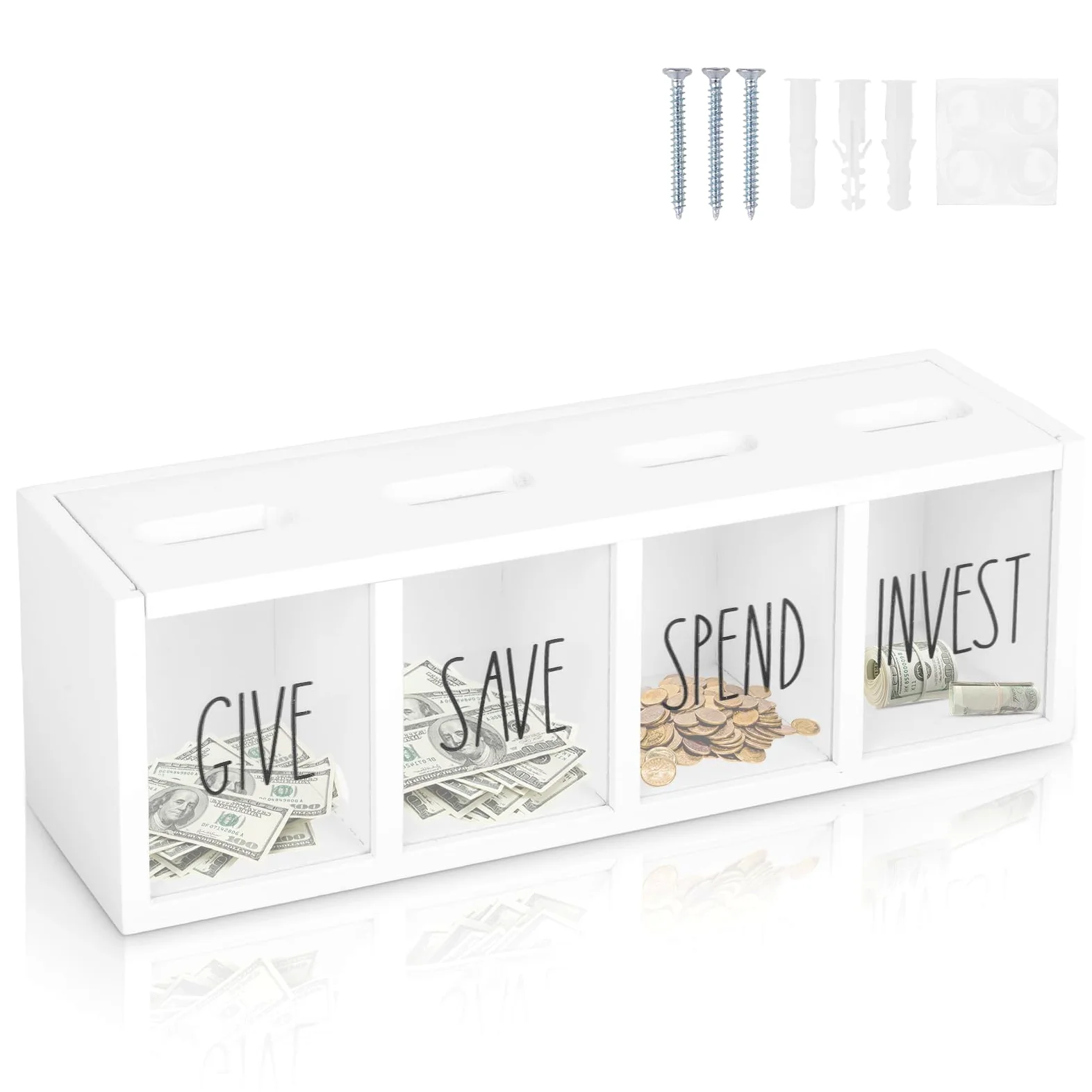 Tirelire en bois pour enfants, dépenses, économiser, donner et investir de l'argent visualisée pour pièces de monnaie et argent liquide pour enfants, garçons, filles, adultes (comptoir et