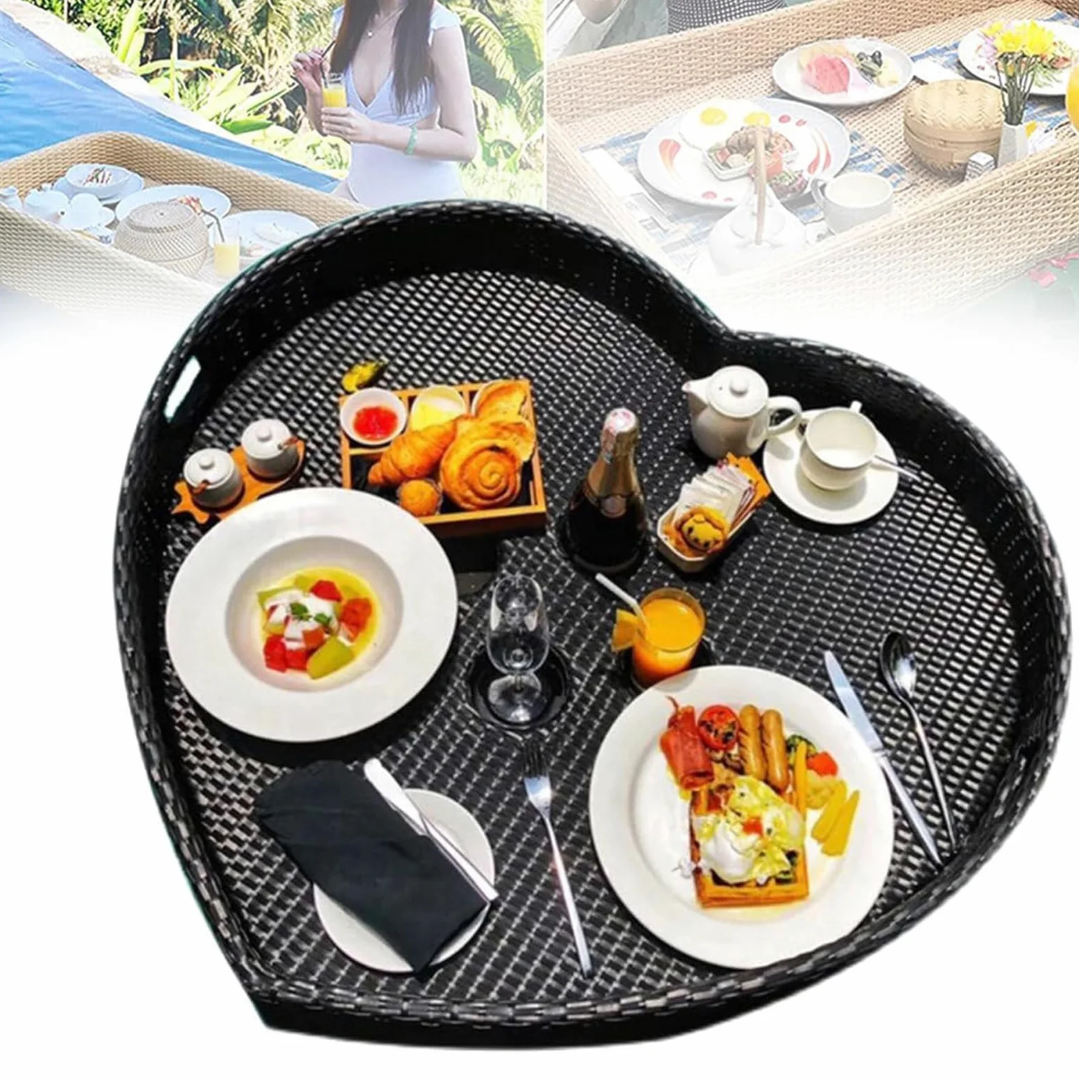 Plateau de Service tissé en rotin Plateau de Petit-déjeuner Flottant en rotin avec poignées, Plateau Flottant, flotteurs de Piscine pour Adultes pour Le Petit-déjeuner dans Un Bain à remous,