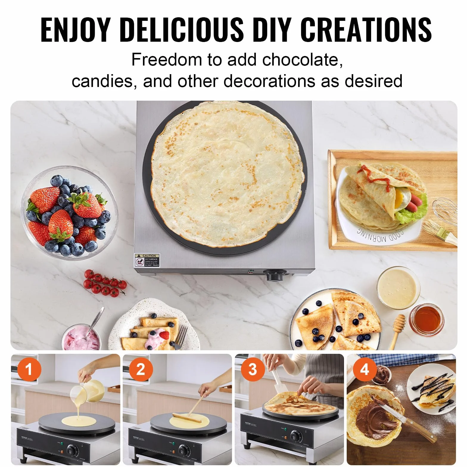 VEVOR Crêpière Électrique 40 cm, Appareil à Crêpes Commercial, Machine à Crêpes Antiadhésive, Plaque Chauffante à Crêpes Plate, 1700 W, en Acier Inoxydable, avec Contrôle de la Température, Restaurant