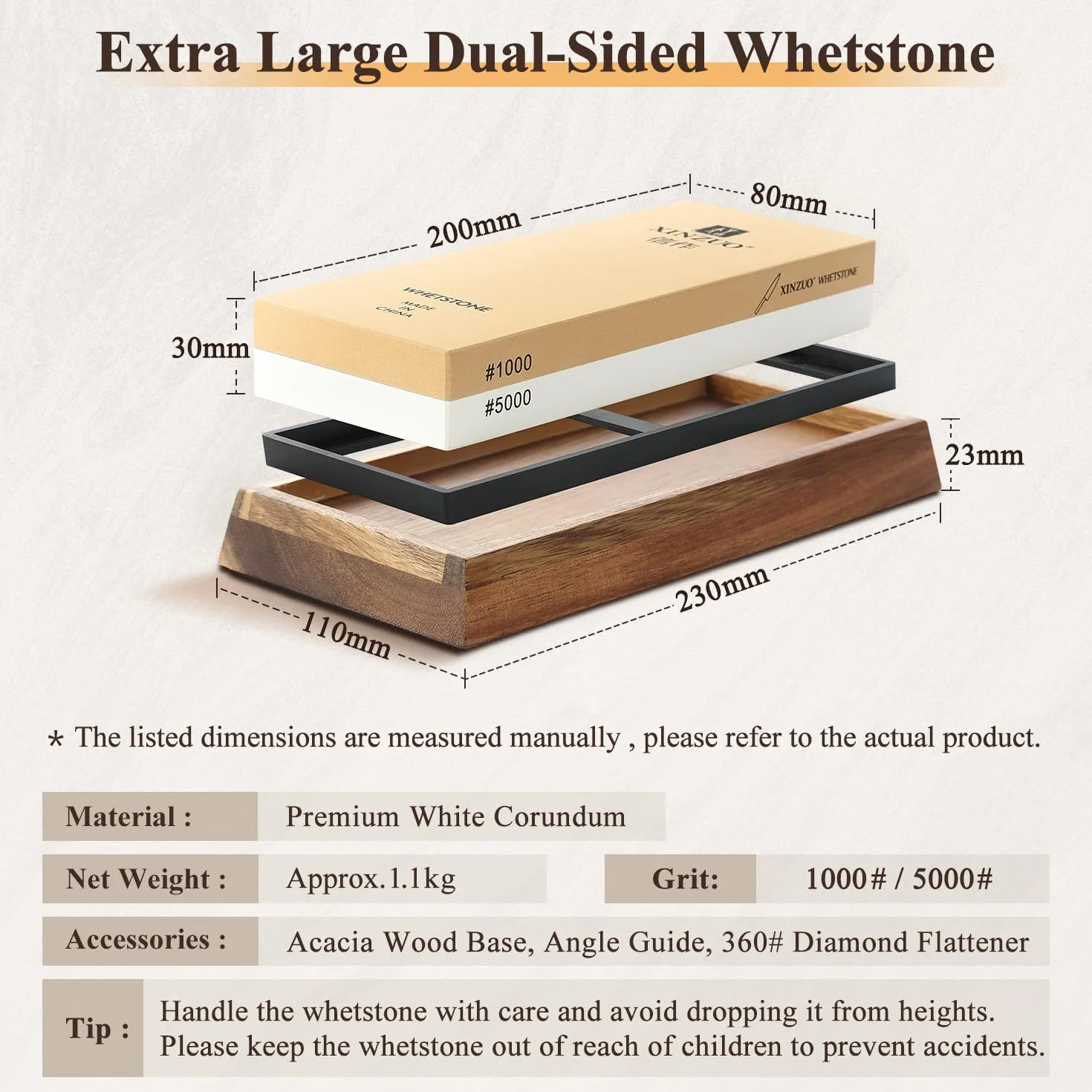 XINZUO Pierre à Aiguiser Grain Double Face 1000/5000, Aiguiseur de Couteau à Affûter Professionnel 2-en-1-Face avec Base en Silicone Antidérapant et Guide d'Angle et Pierre à Aplatir, 5 Pièces