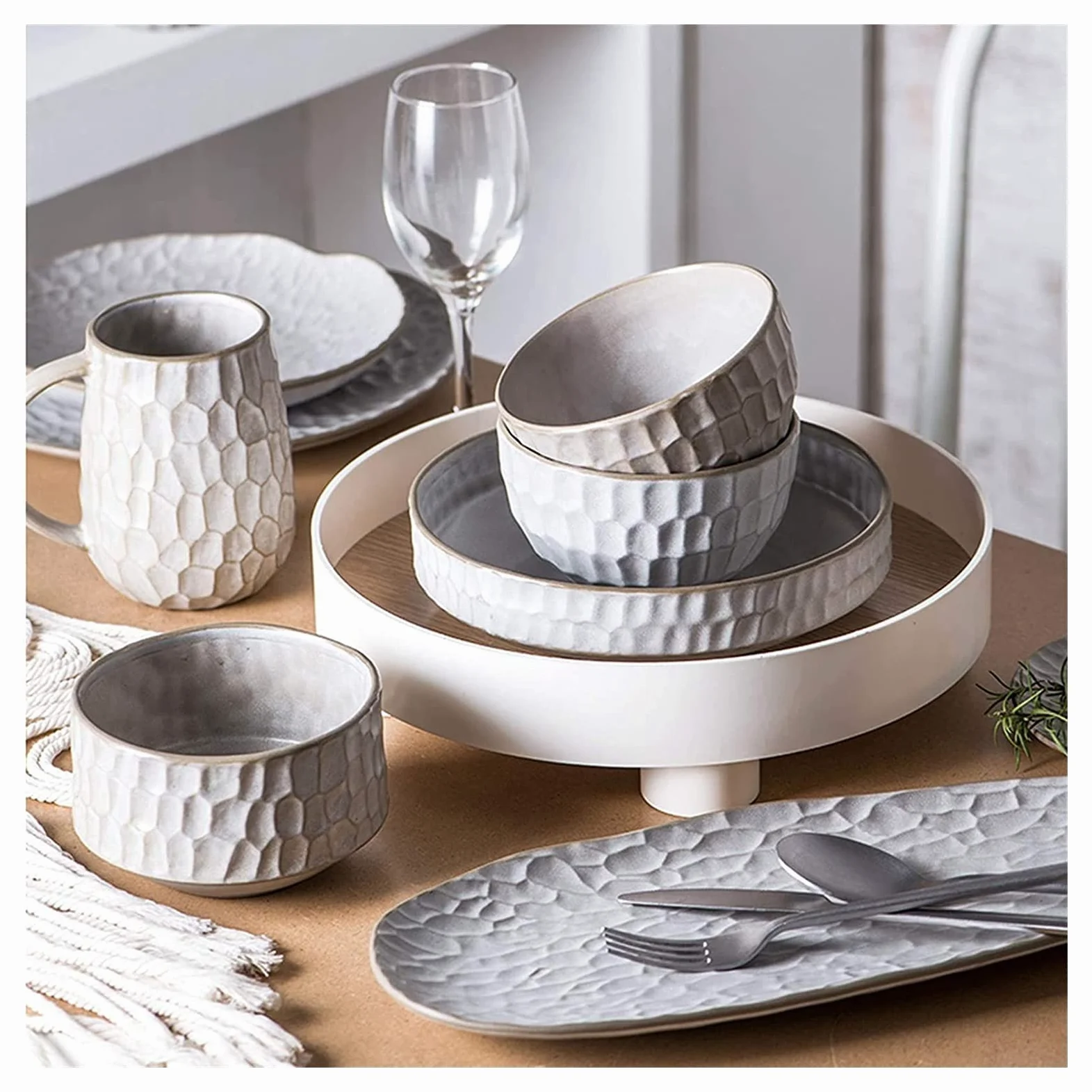 Ensembles de Vaisselle Ensemble de Vaisselle, Ensembles de Table en céramique, Bol à céréales Blanc 39 pièces, Assiette à Steak et Tasse en Porcelaine de Style (