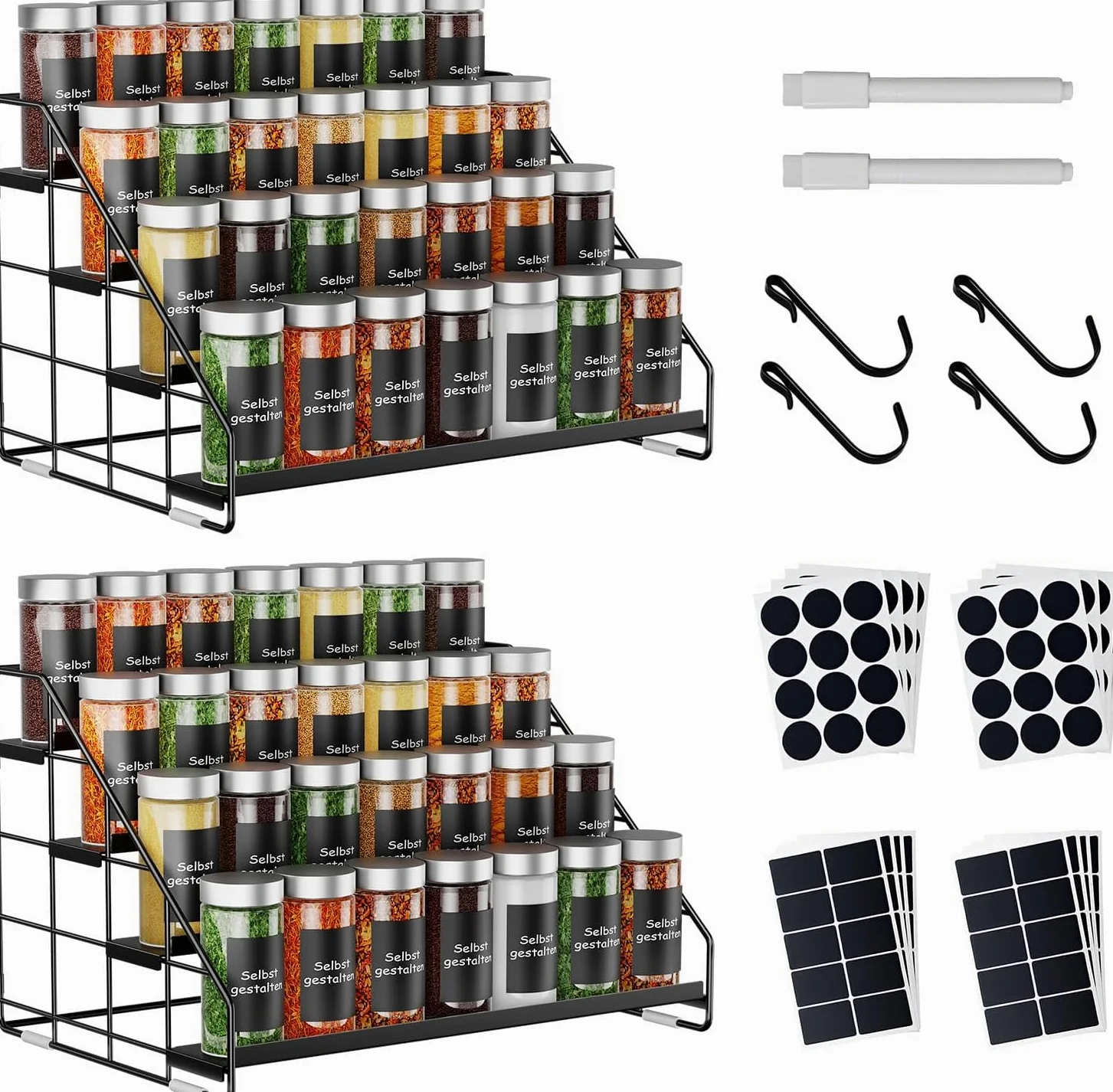 Lot de 2 étagères à épices debout à 4 niveaux, hauteur réglable (2/3/4 niveaux) et sans perçage, en métal noir, avec crochets en S et étiquettes, organisateur d'épices pour cuisine, armoire