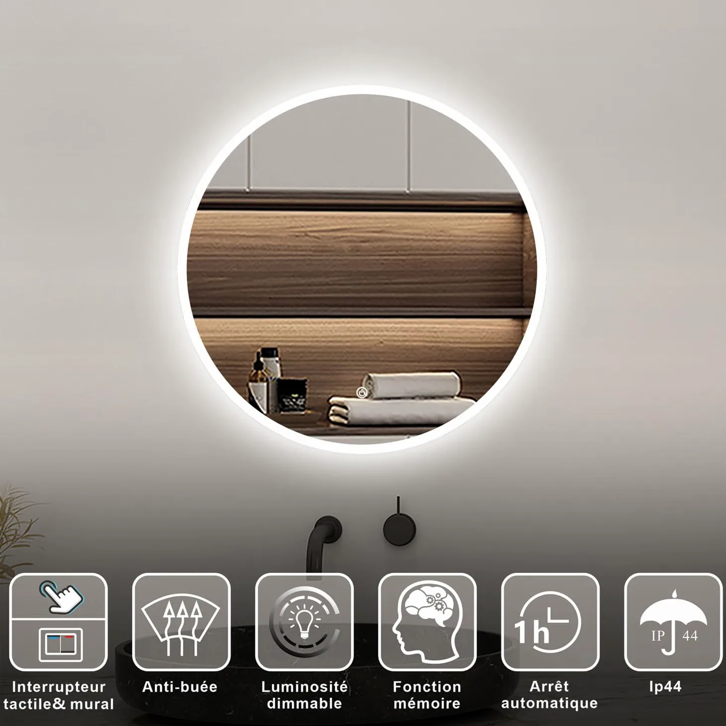 AICA Miroir Salle de Bain Rond 80cm Anti-buée +dimmable + mémoire, Miroir Lumineux LED