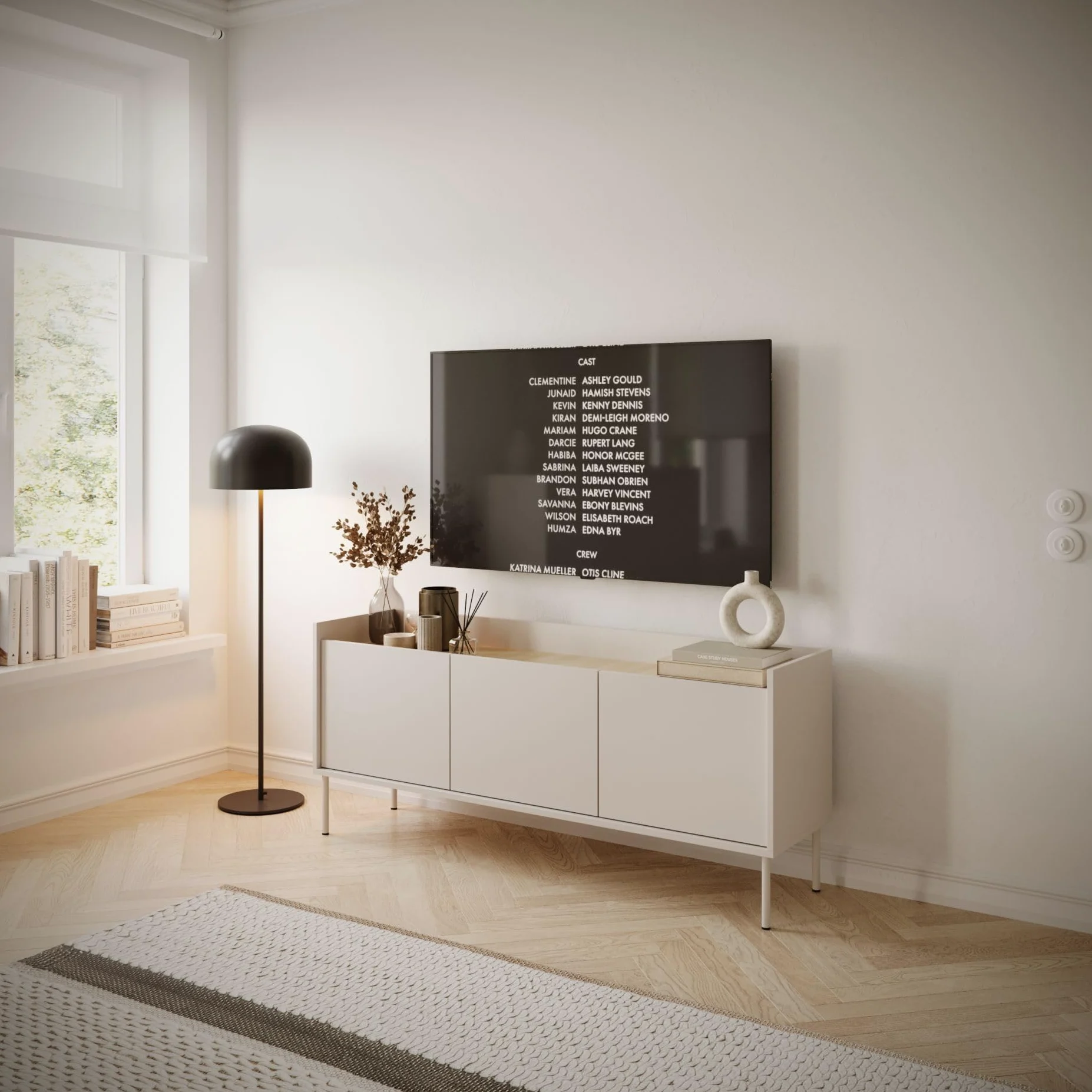 Selsey Meuble TV 140 cm Design Moderne Chic en Taupe Finitions Mat Panneau de Particules Laminé Robuste Pieds Métalliques Espace de Rangement Conçu en Pologne