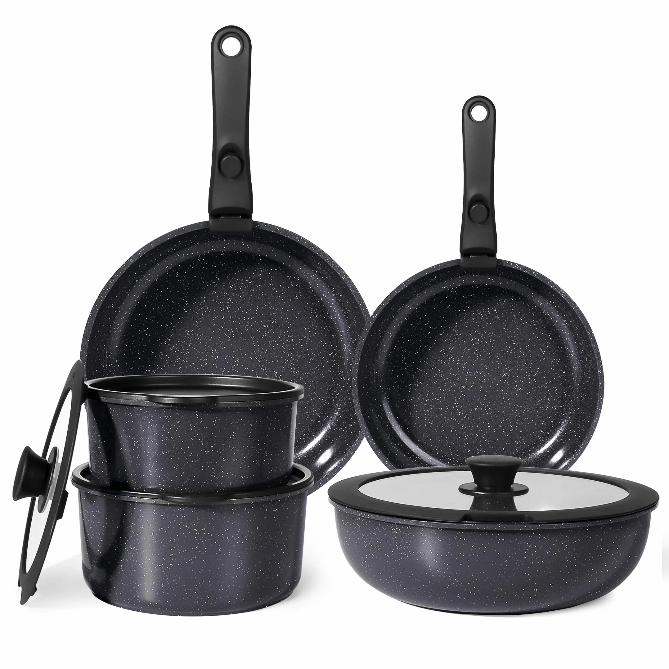 GiPP Set de Casseroles et Poêles en Antiadhésif - 11 Pièces Poele Induction avec Poignee Amovible, Sans Produits Toxiques, Tous Feux Lot, Four et Lave-vaisselle, Noir