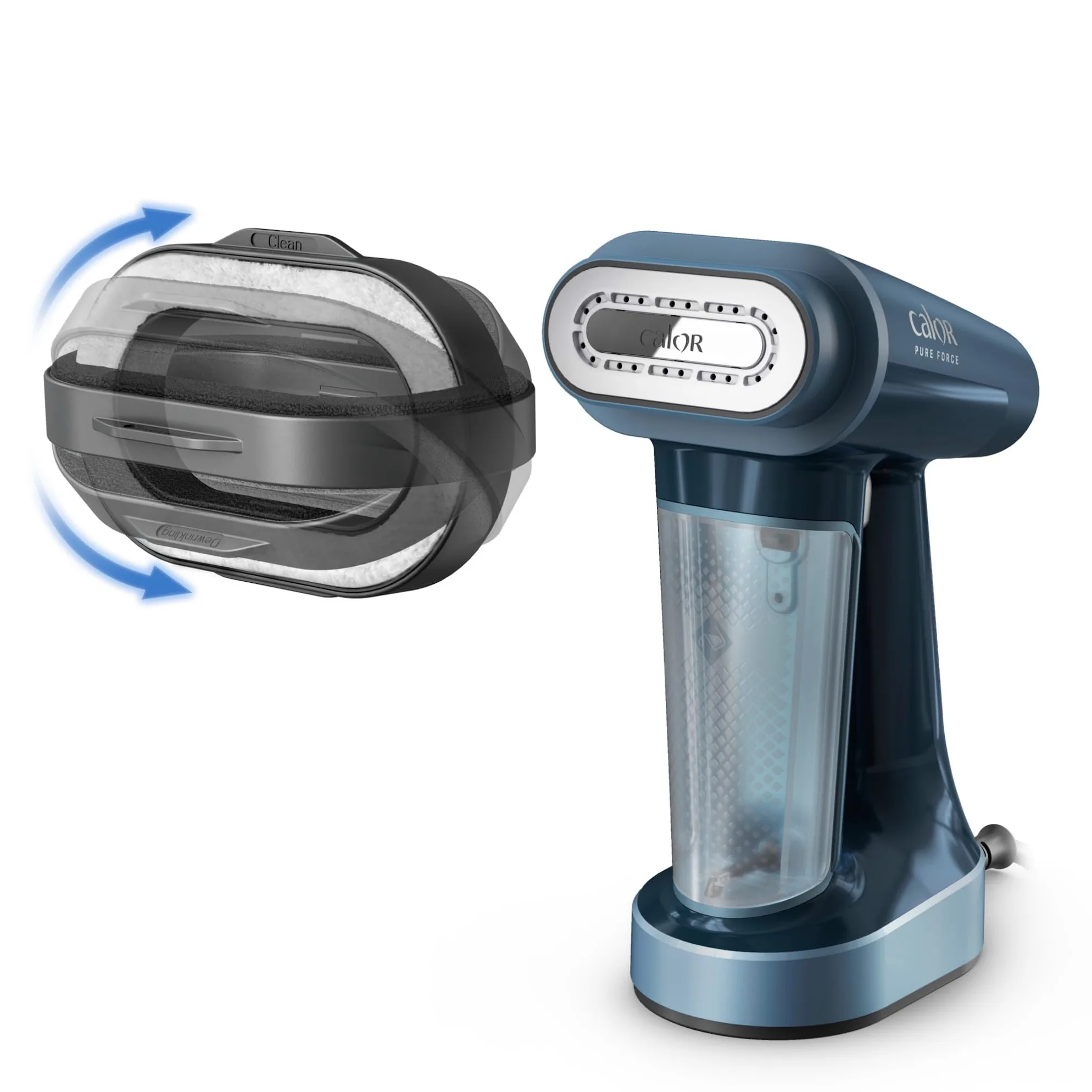 Calor Pure Force 3en1, Défroisseur à main et fer à repasser, Utilisation verticale/horizontale, Nettoie, 1800W, 35g/min, Prêt en 25s, DT8755C0, Bleu Métallisé