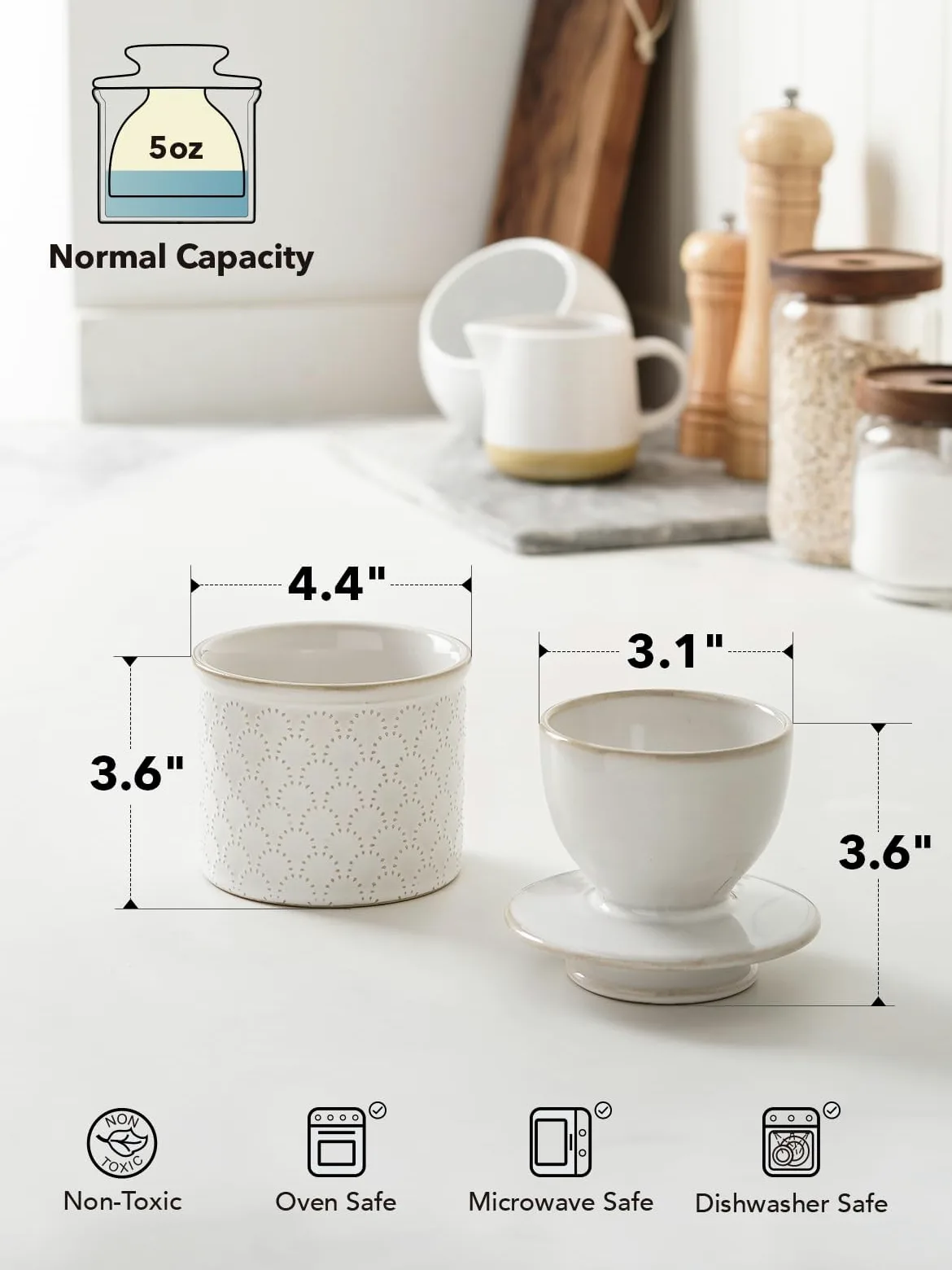 LE TAUCI Cloche à beurre, pot à beurre pour comptoir avec ligne d'eau, beurre français en relief avec couvercle pour tartiner, convient pour pendaison de crémaillère, lot de 1, blanc arctique