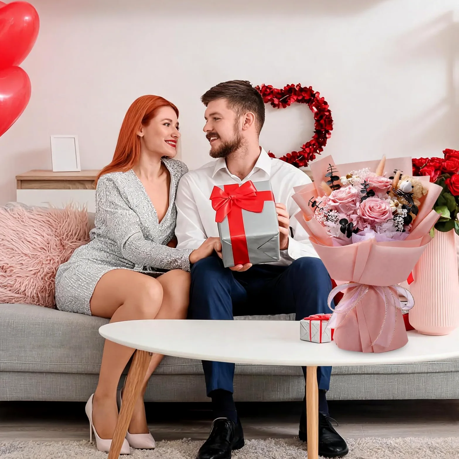 Bouquet de Roses Éternelles, Fleur Eternelle avec Un Ours, Fleurs Préservées avec Coffret Cadeau, Cadeau Femme, Maman, Épouse, Fête des Mères, Saint-Valentin, Anniversaire