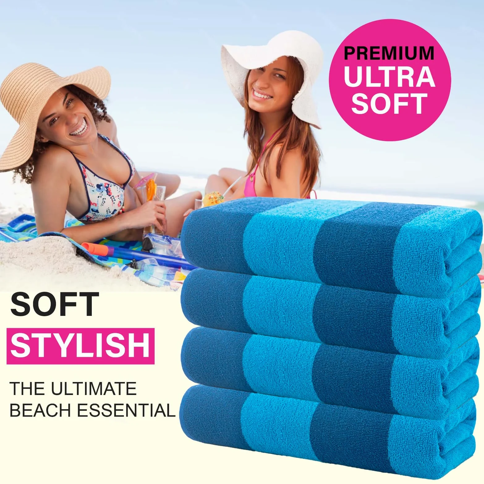 Casa Copenhagen Serviettes de Plage Malibu, conçues au Danemark, Robustes et durables, séchage Rapide, pour la Piscine. Lot de 4 Serviettes de Plage et de Bain en Coton, 76x 152cm. Bleu/Turquoise