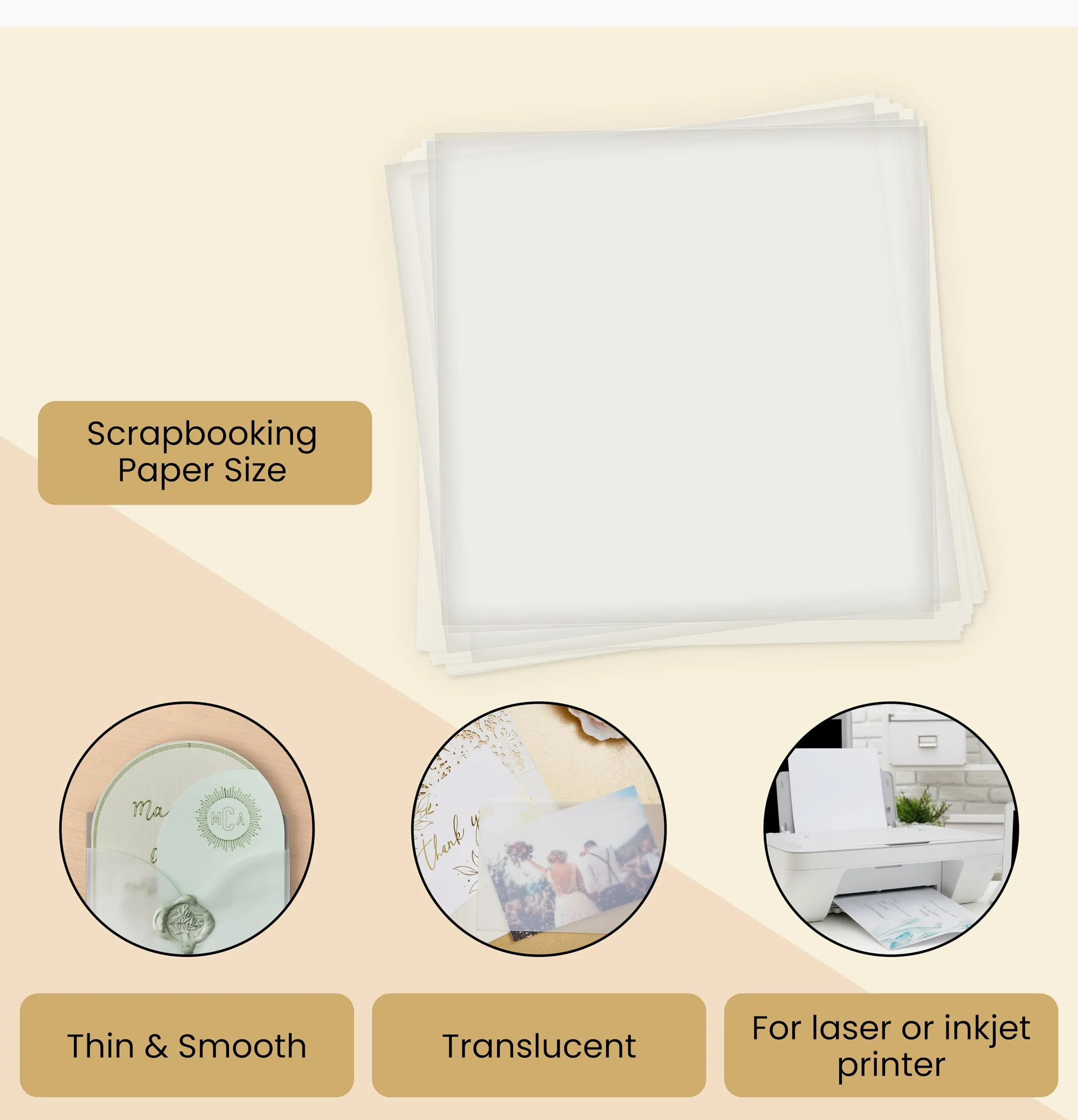 Lot de 100 feuilles de papier vélin translucide pour invitations, loisirs créatifs, traçage, 93 g/m² (blanc, 30,5 x 30,5 cm)