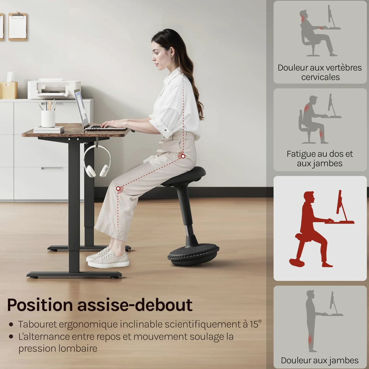 WOLTU Tabouret Ergonomique à Bascule, Tabouret Dynamique, Siège Assis-Debout Pivotant, Hauteur Réglable 55,5 à 74 cm, pour Bureau à Domicile, Noir