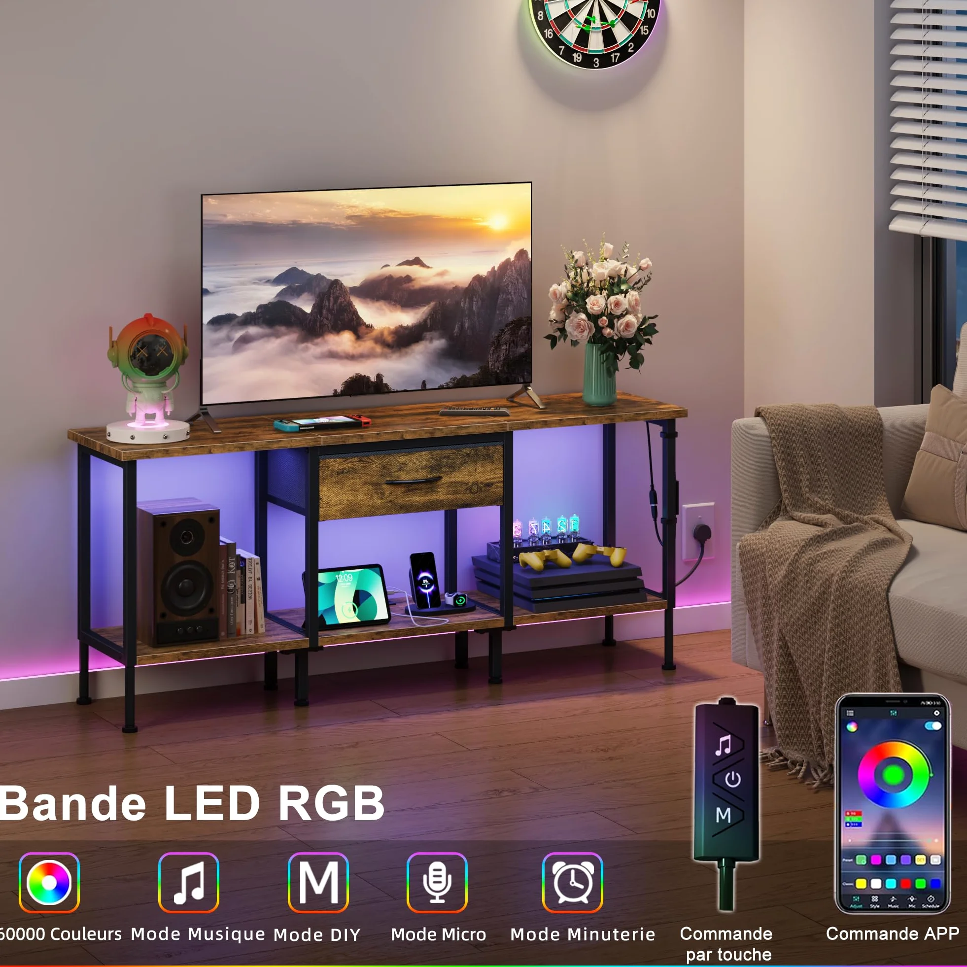 Meuble TV avec Prise et Ports USB, Table Television Salon à Éclairage LED avec Tiroir en Tissu et Étagères Ouvertes, Meuble TV 120 cm pour Téléviseur jusqu'à 55″ Marron Rustique