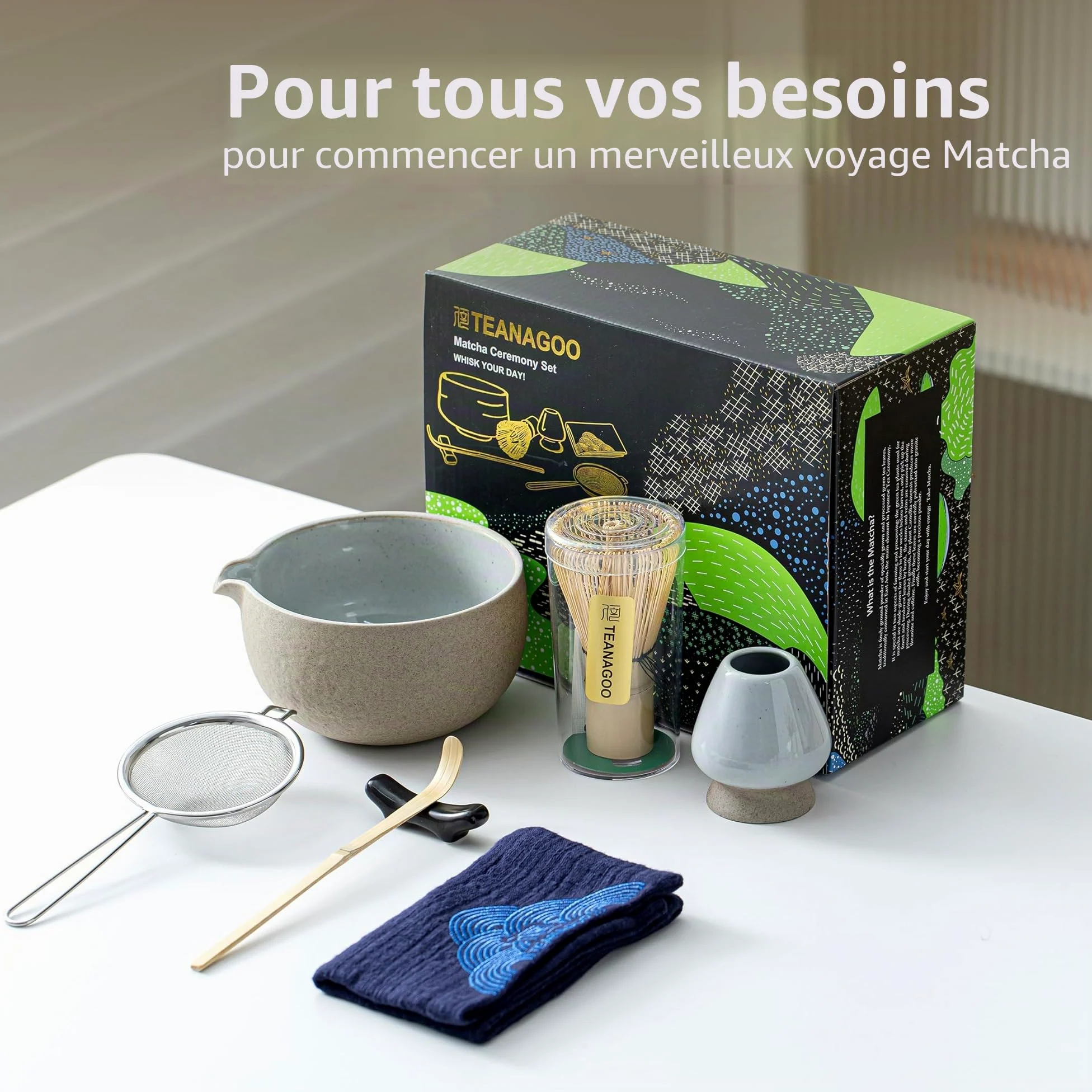 TEANAGOO Kit Matcha 7 pièces, Matcha Set-Bol à matcha avec bec verseur, Fouet à Matcha en Bambou (Chasen), Pelle (Chashaku), Service à thé, (Gris Plus Foncé)