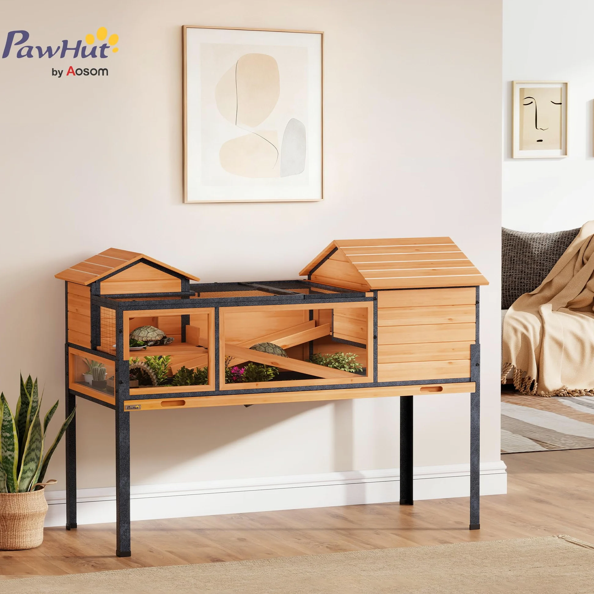 PawHut Maison pour Tortues, Habitat en Bois à 2 étages avec 2 Chambres, enclos intérieur extérieur avec rampes, Toit ouvrable et Plateau, Grande Cage pour Reptiles, 128x63x96cm, Jaune