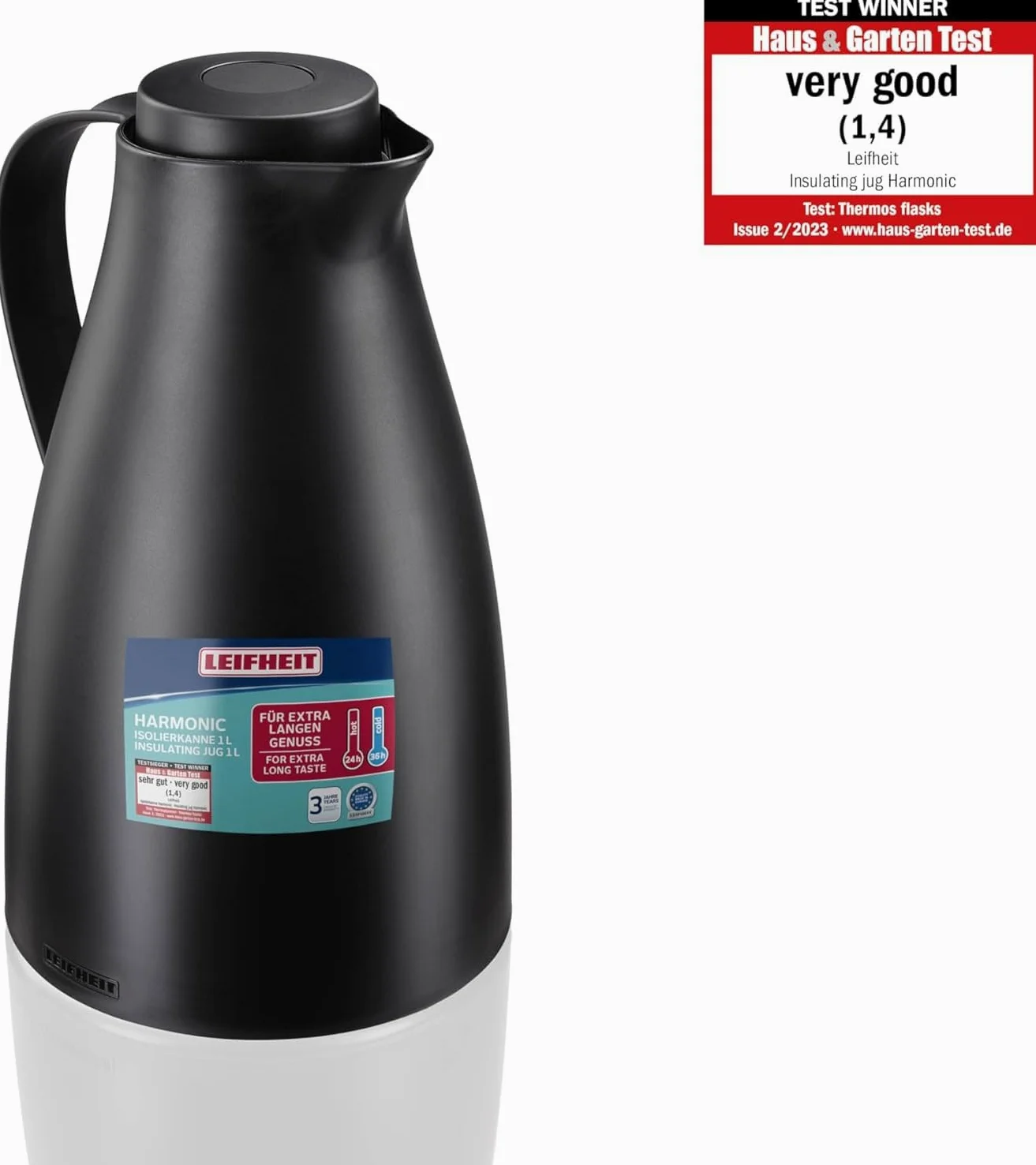 Leifheit Pichet isotherme 1L Harmonic, Pichet thermos café et thé 100% étanche, Thermos café chaud jusqu'à 24h, ouverture fermeture et versement d'une seule main, thermos design sans BPA, noir