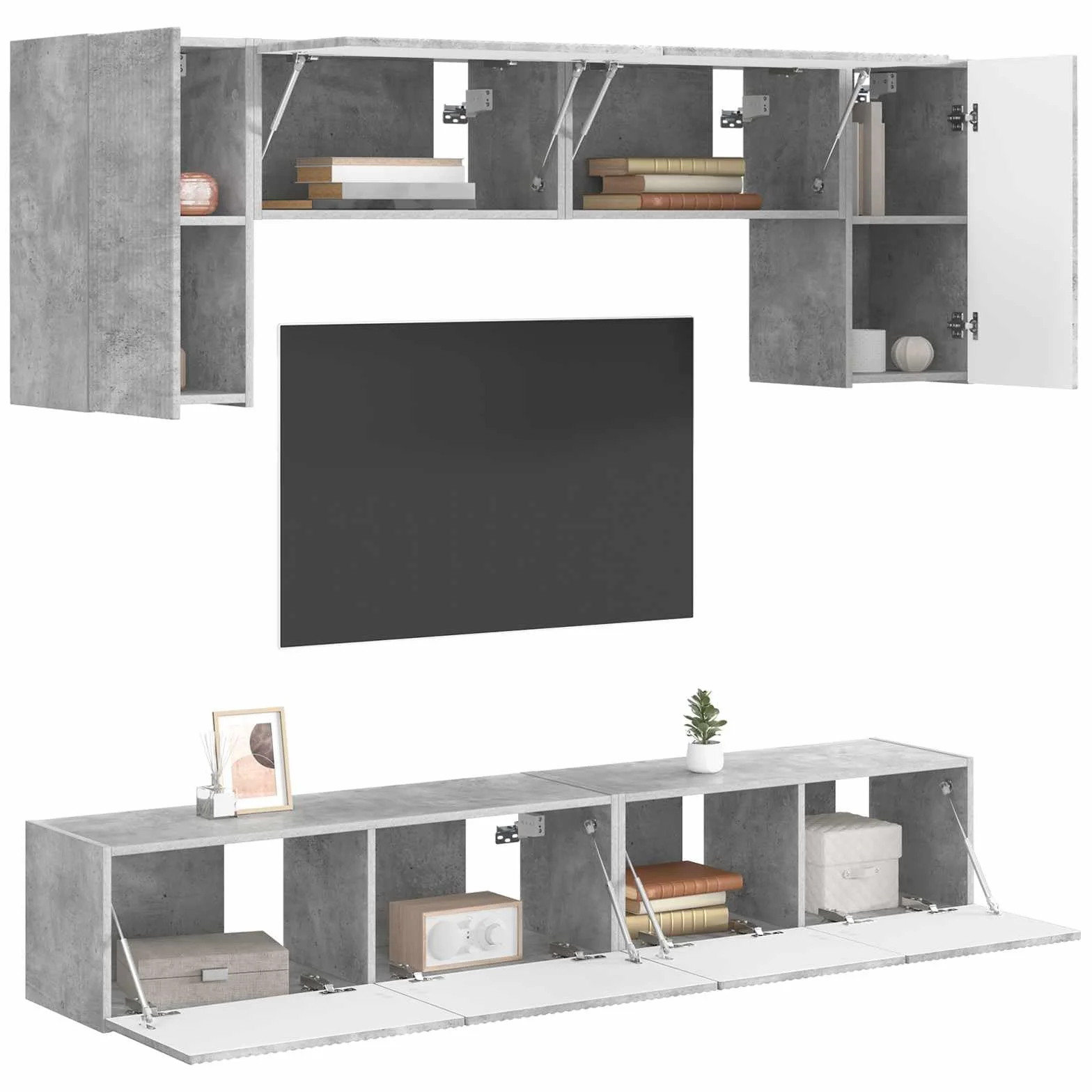 Ensemble Meuble TV 4 pièces Gris béton en Bois d'ingénierie, Montage Mural avec étagères, tiroirs et Portes, Rangement pour Salon séjour multimédia, Console et Support Audio vidéo