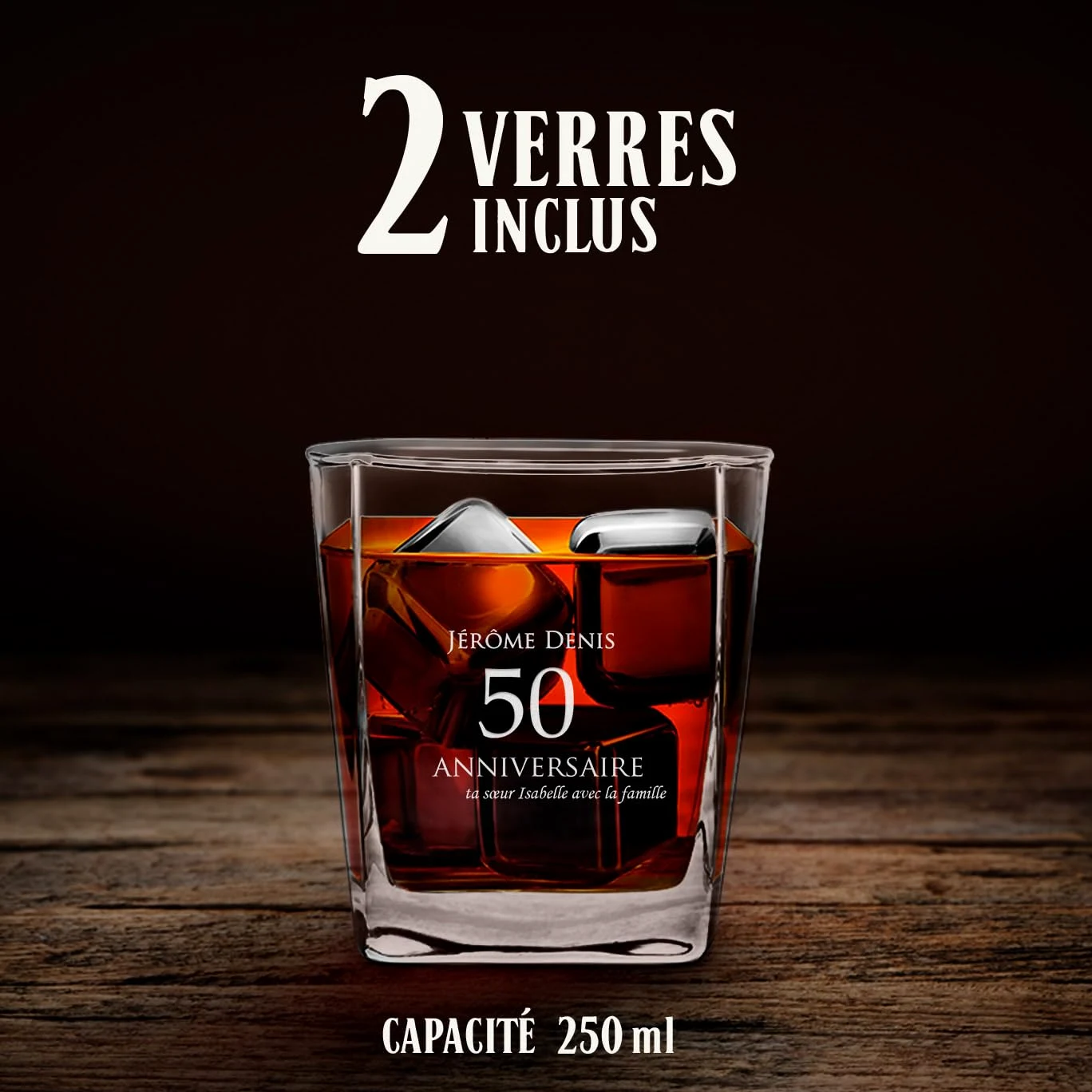 Maverton Ensemble de Carafe et 2/4 / 6 verres à whisky avec personnalisation - Set en verre transparent pour homme - pour anniversaire - pour lui - pour dégustation de whiskey - 50 ans