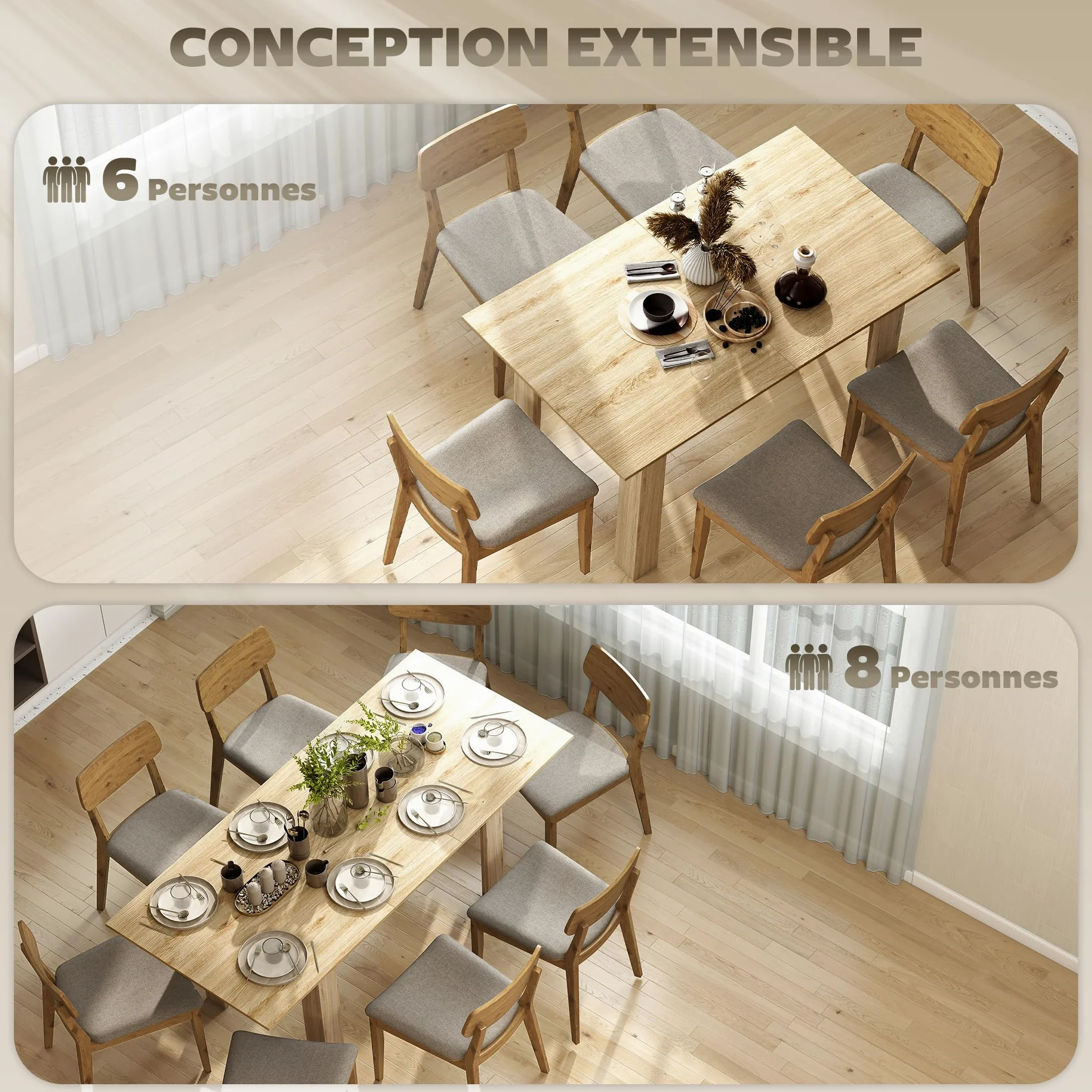 HOMCOM Table à Manger Extensible, Table de Cuisine rectangulaire, pour 6-8 Personnes, pour Petits espaces, Design Moderne, 140-180 x 80 cm, Effet Bois Naturel