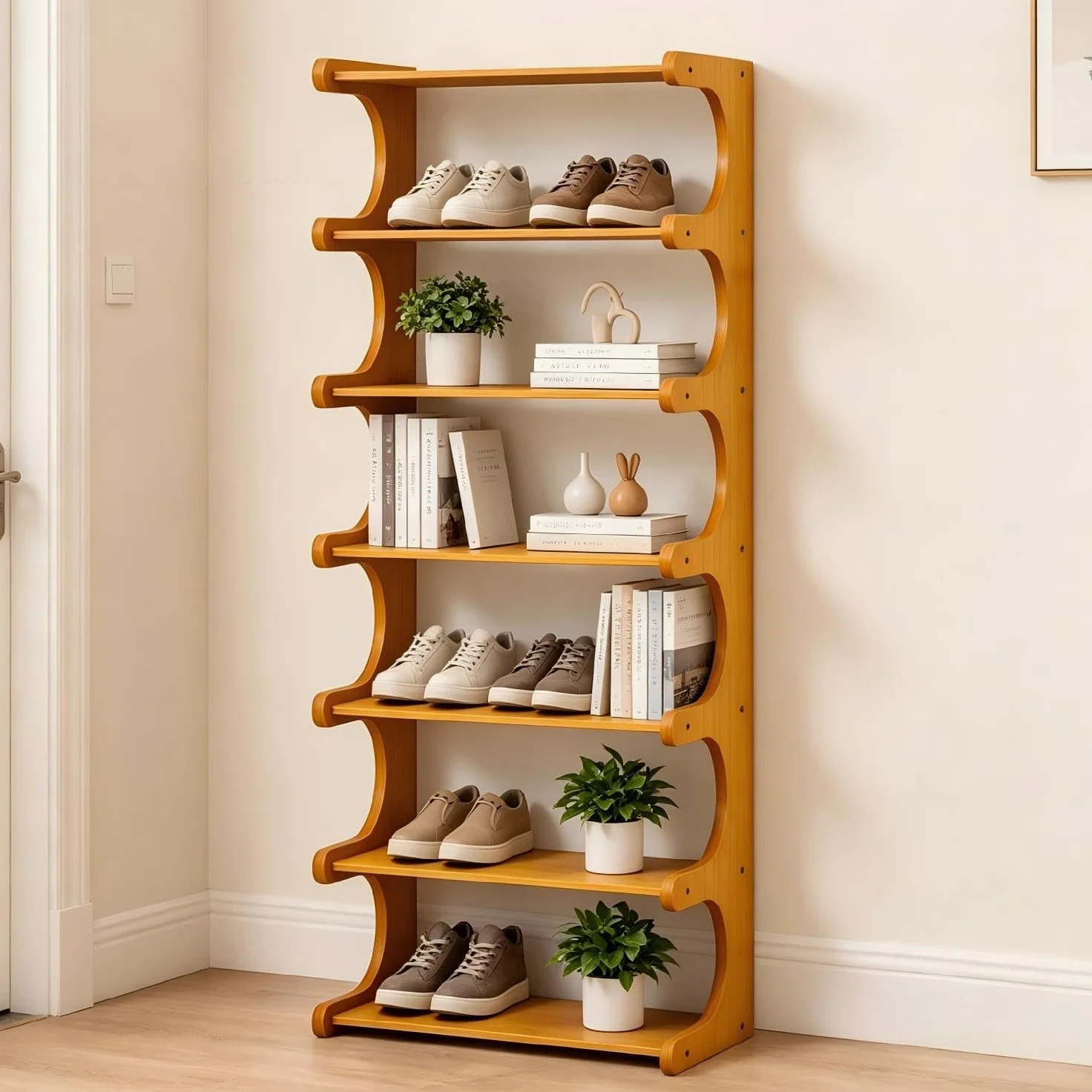 Étagère à chaussures verticale en bois à 7 niveaux de 104,1 cm de haut, tour à chaussures d'entrée multicouche en bois massif, organisateur de chaussures sur pied pour placard étroit
