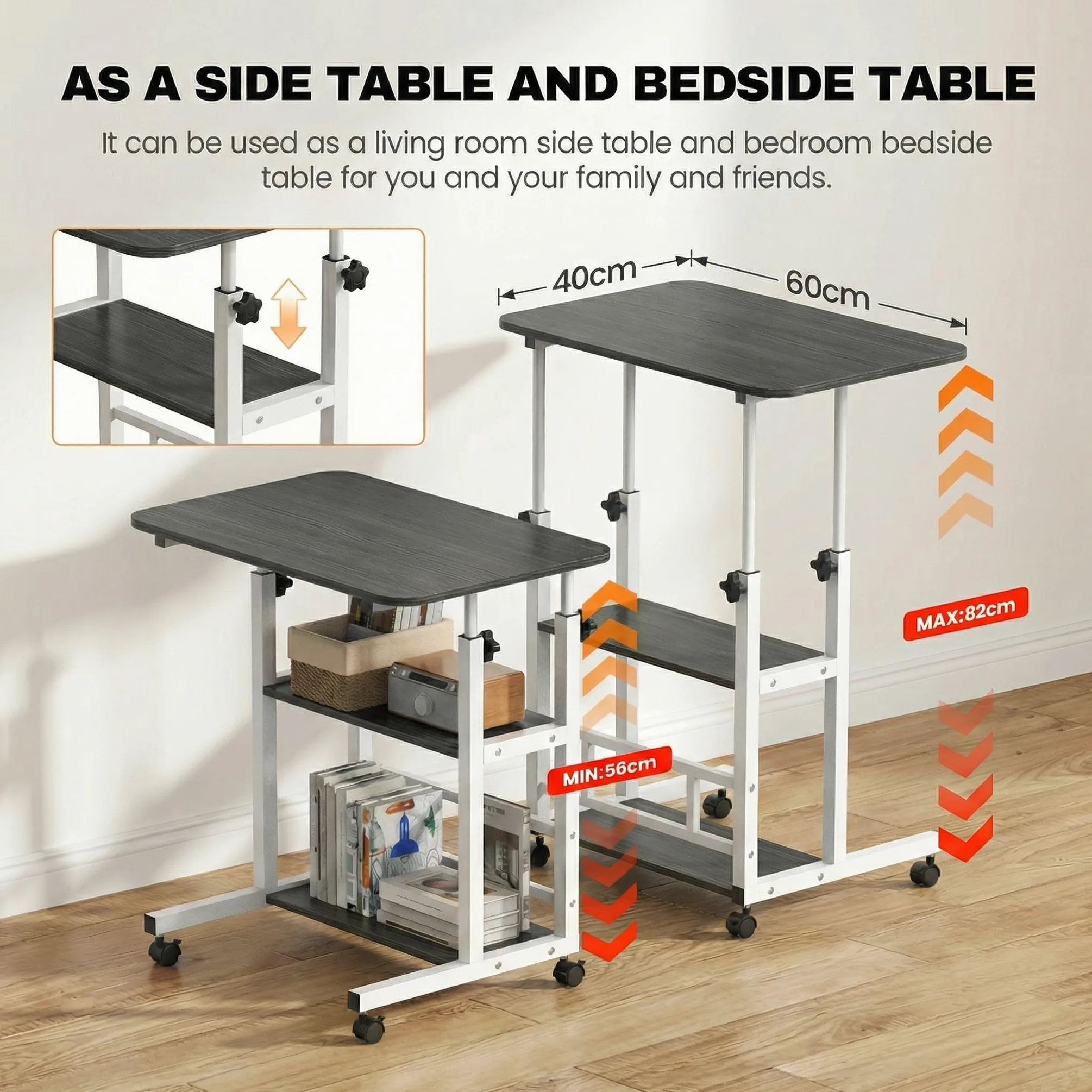 Huracan Bureau Informatique Mobile Réglable en Hauteur 56–82 cm, Table d’Ordinateur 80 x 40 cm avec 3 Niveaux de Rangement, 4 roulettes Verrouillables, Table d’Appoint pour Lit, Canapé – Noir Brossé