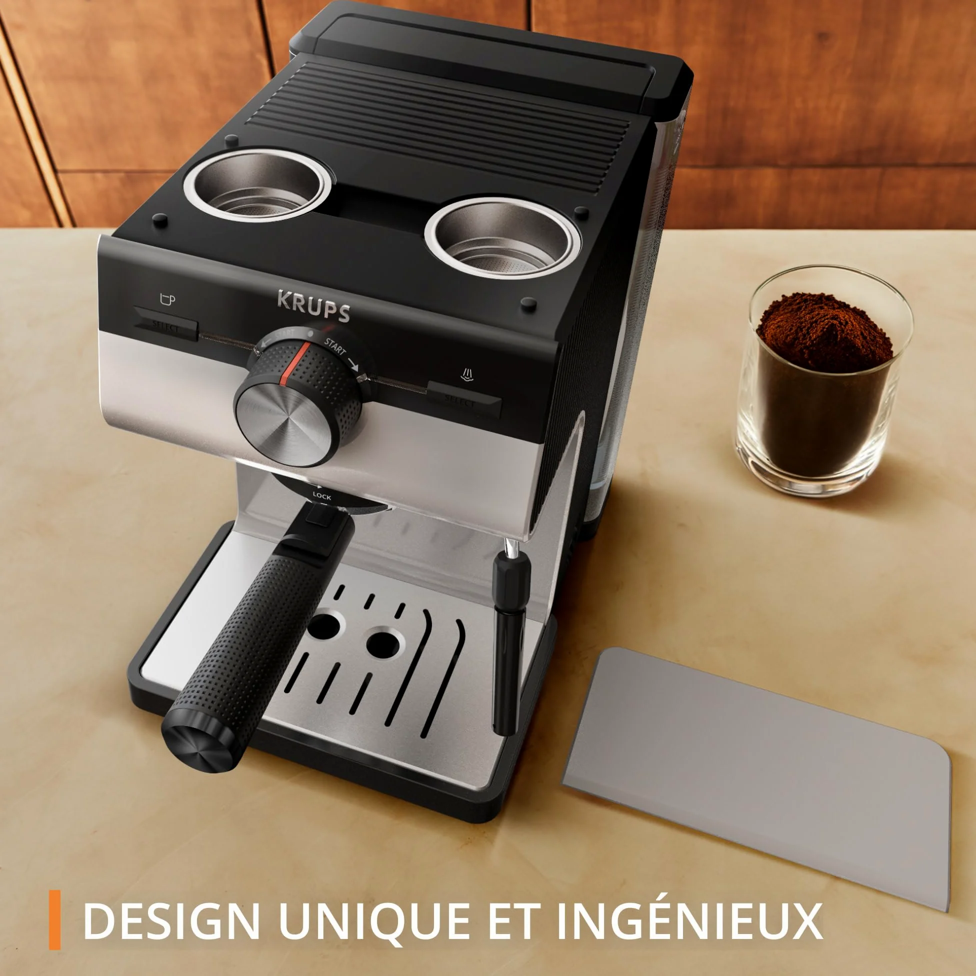 KRUPS Machine espresso manuelle, Qualité Barista, Espresso et Cappuccinos, Buse vapeur, Rangement des filtres inclus, Gris clair, Authentic, XP381B10