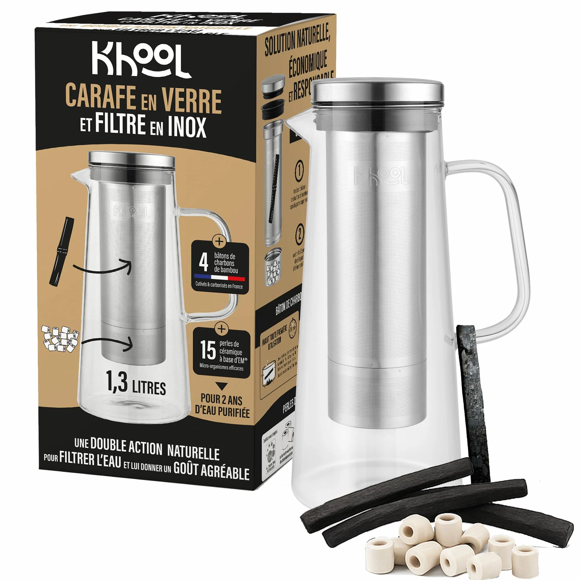 KHOOL - Kit Carafe filtration de l'eau en Verre et Inox + Bâtons Charbon de Bambou et Perles de Céramique - Purifie & améliore le goût de l’eau - Alternative Écologique - Origine France - 1L