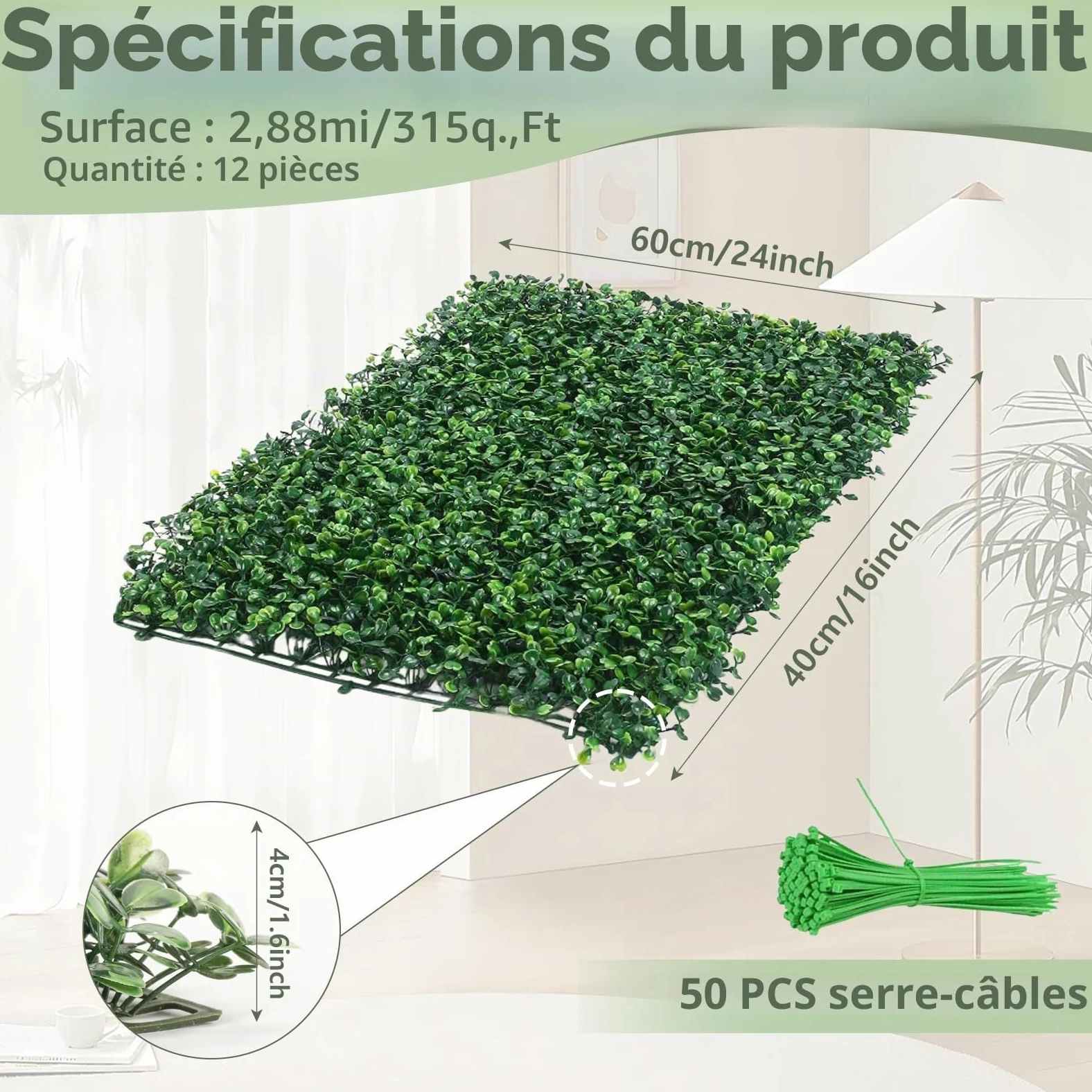 uyoyous Lot de 12 parois en plantes artificielles pour jardin - Protection contre les UV - 60 x 40 cm - Vert foncé