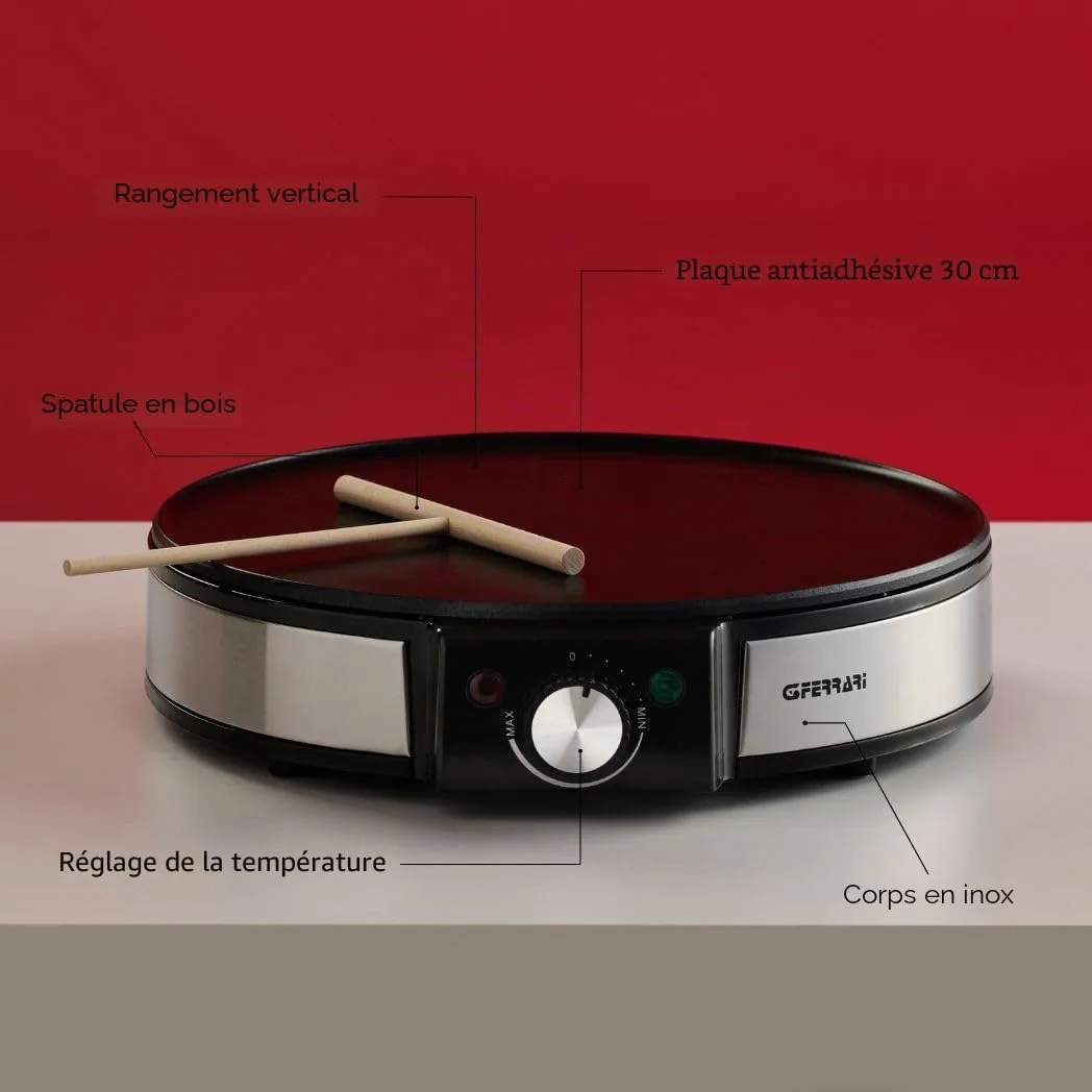 G3 Ferrari G10098 Profi-Crepe Crêpière Électrique 1200 W – Plaque de 30 cm en Inox, Revêtement Antiadhésif, Température Réglable, Spatule et Palette en Bois Incluses