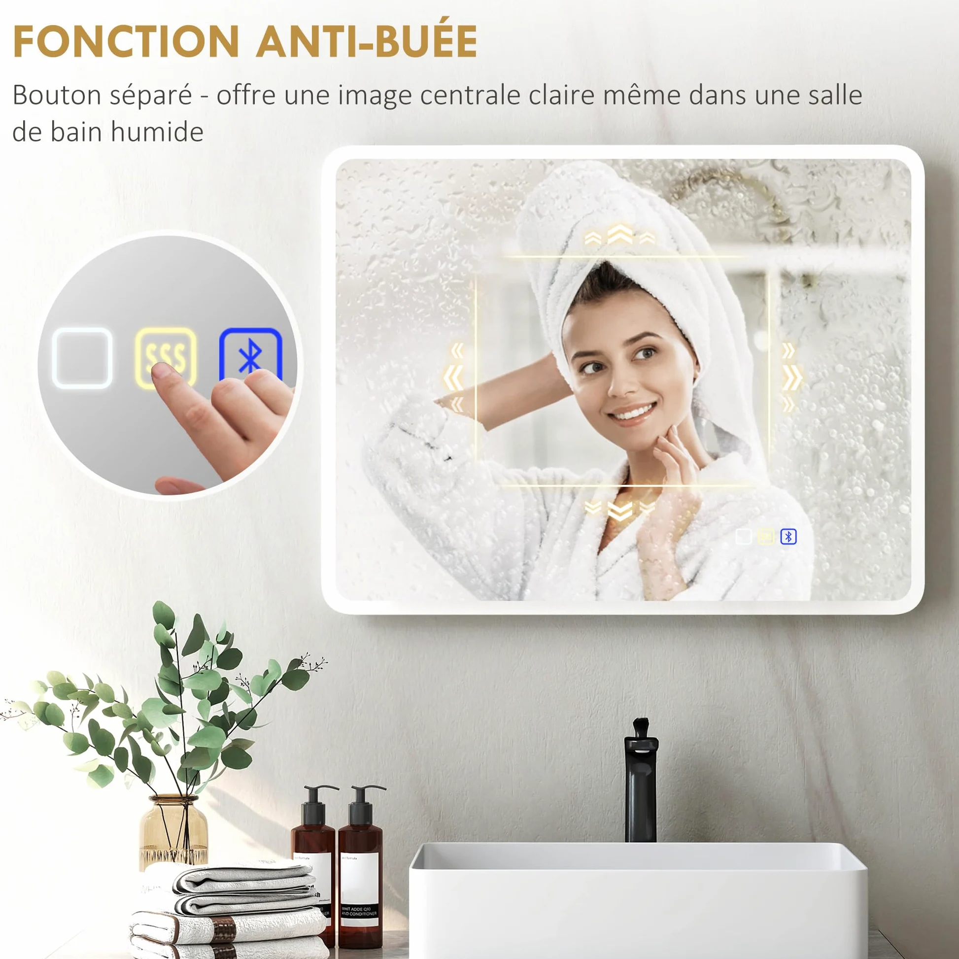 HOMCOM Miroir Salle de Bain Bluetooth 70 x 90 cm, Miroir Lumineux Salle de Bain Mural avec éclairage LED, Interrupteur Tactile, lumière réglable 3 Couleurs, Anti-buée, mémoire - Argent
