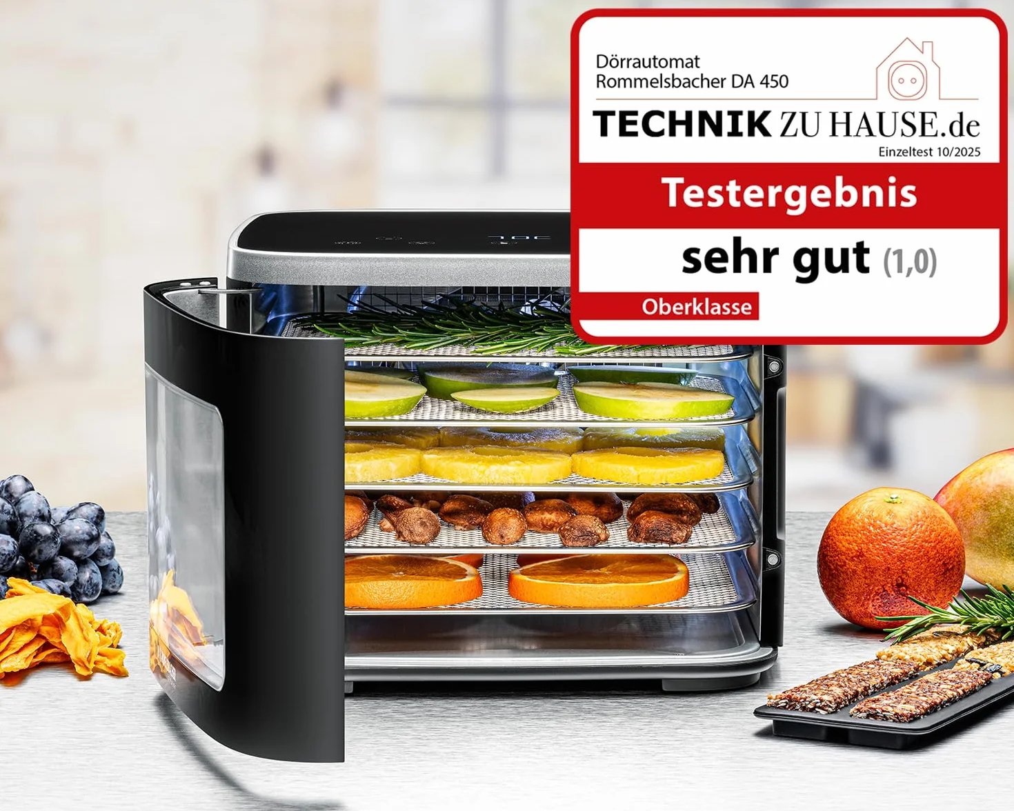 ROMMELSBACHER Déshydrateur automatique DA 450 - Surface de séchage 0,2 m² - Avec 5 plateaux de déshydratation en acier inoxydable - 1 grille de déshydratation - 1 support de déshydratation - 2 moules