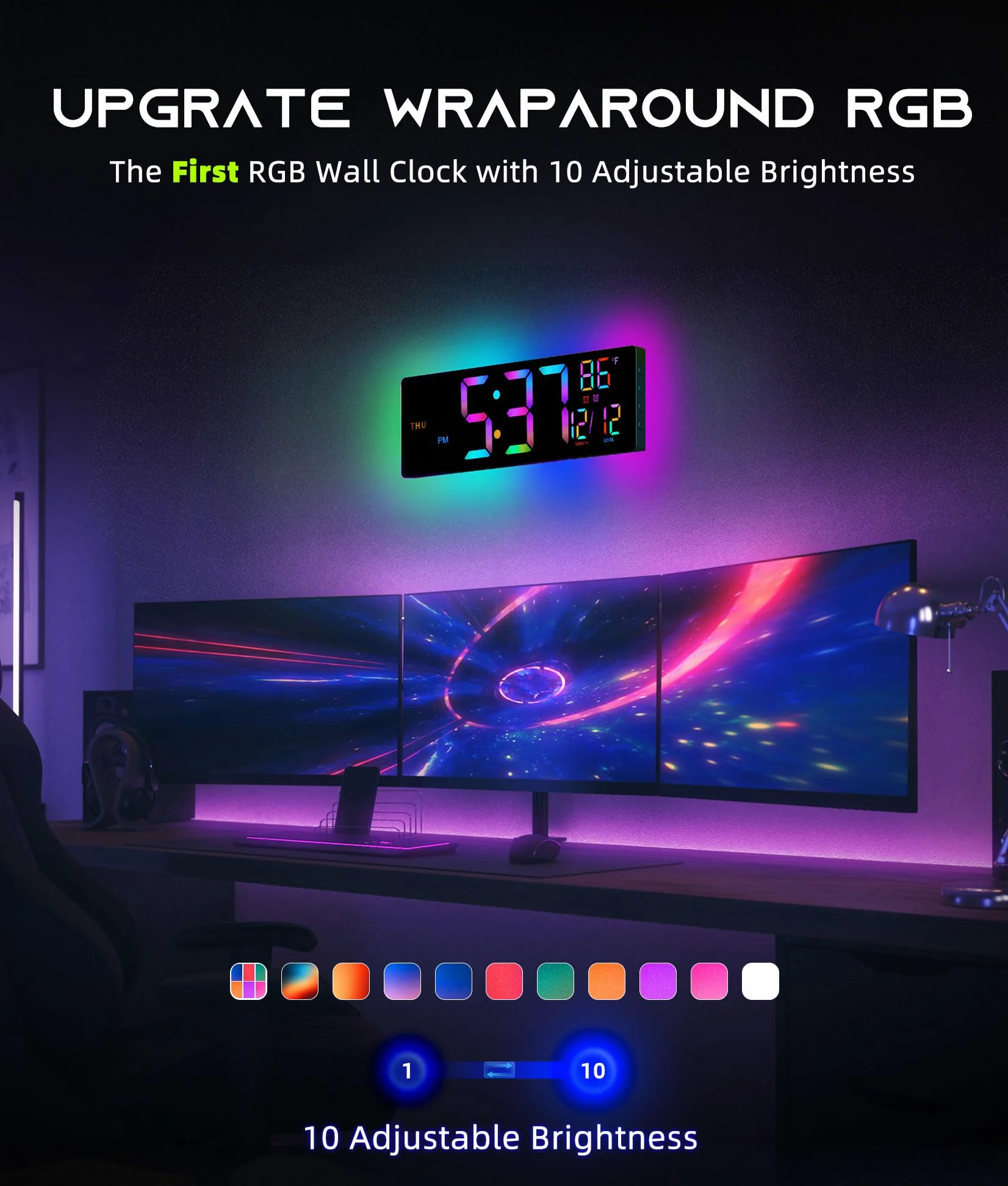 EASYERA 16,5 pouces large numérique horloge murale lumière RVB, double alarme large résolution d'écran LED, DST automatique, batterie bouton de consommateur