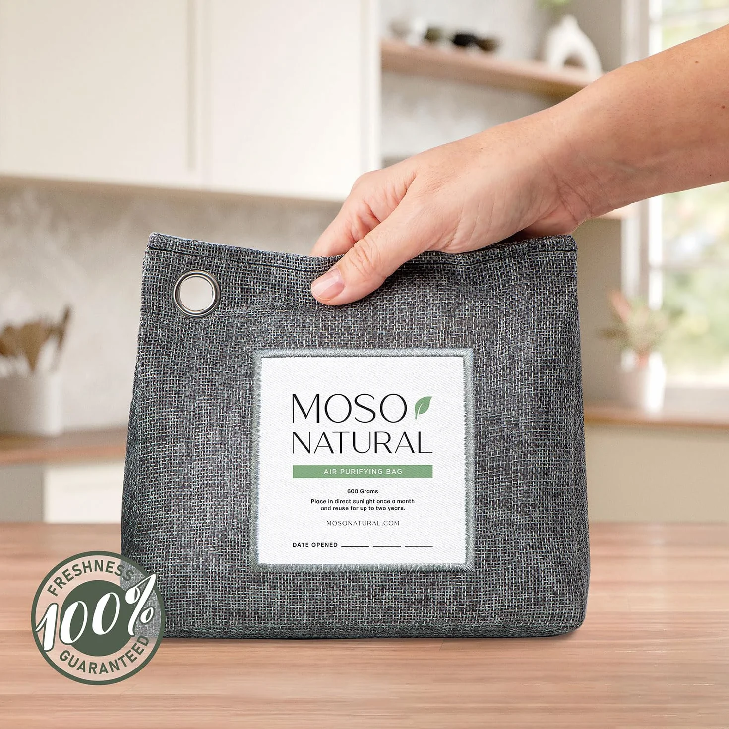 Moso Natural Sac purifiant d'air de 600 g | Absorbeur d'odeurs de charbon de bambou de qualité supérieure | Désodorisant pour grands espaces, chambre, cuisine, sous-sol | Éliminateur d'odeurs