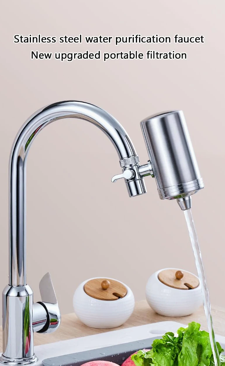 Filtre à Eau de Robinet en Acier Inoxydable, Filtration Eau Robinet avec 4 Filtres Inclus, en Deux Modes D'évacuation, Réduit le Chlore Métaux lourds