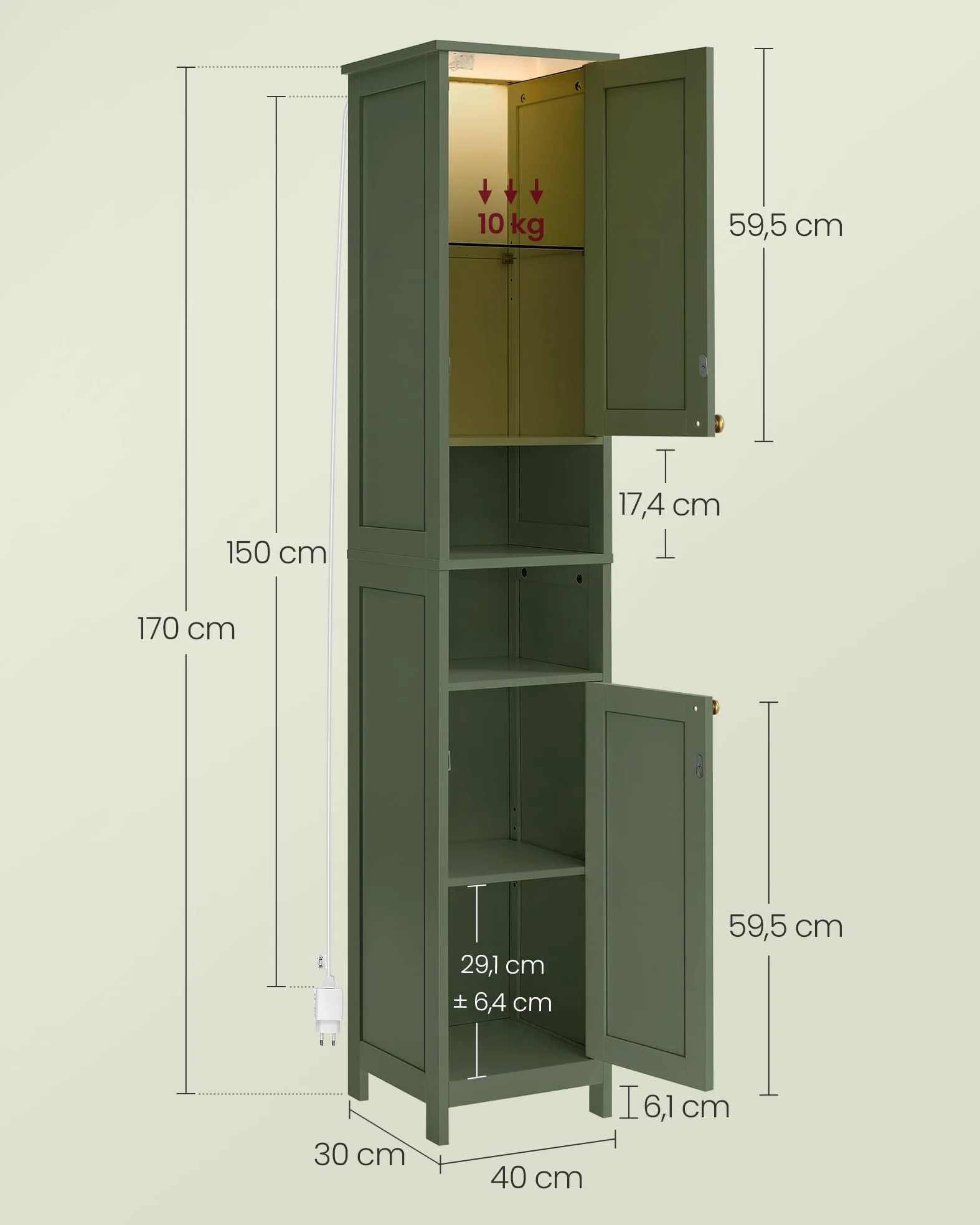 VASAGLE Armoire de Salle de Bain Haute avec Éclairage, Meuble de Rangement Mince, avec Étagères Réglables, Largeur 40 cm, pour Les Petits Espaces, Moderne, Vert Forêt BBC766CH03
